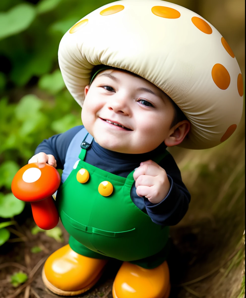 a photo of a boy dressed as a toad character, smiling, ultrarealistic, mushroom cap, full body shot