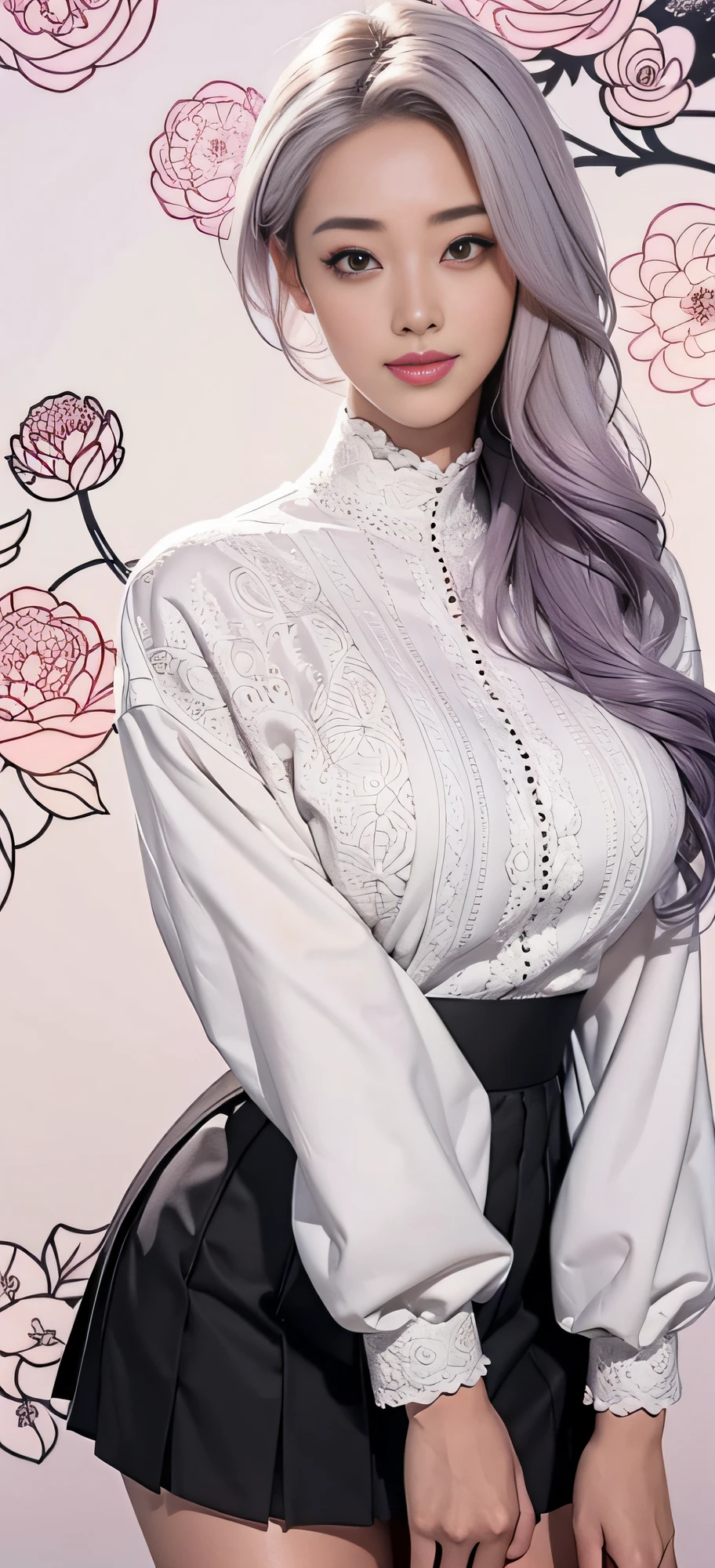 1 girl, Korean, masterpiece, changeable pose, solo, (zen tangle, mandala, tangle, tangle), ((flower: 1.4)) Official Art, Unified 8k wallpaper, super detailed, aesthetics, masterpiece, best quality, photo realism, sportswear, black midi skirt, white stockings, pale pink gradient hair, photo, close-up of face, fair skin, bright big eyes, tall straight nose, (beautiful face: 1.5), smile, technical aesthetics, real
