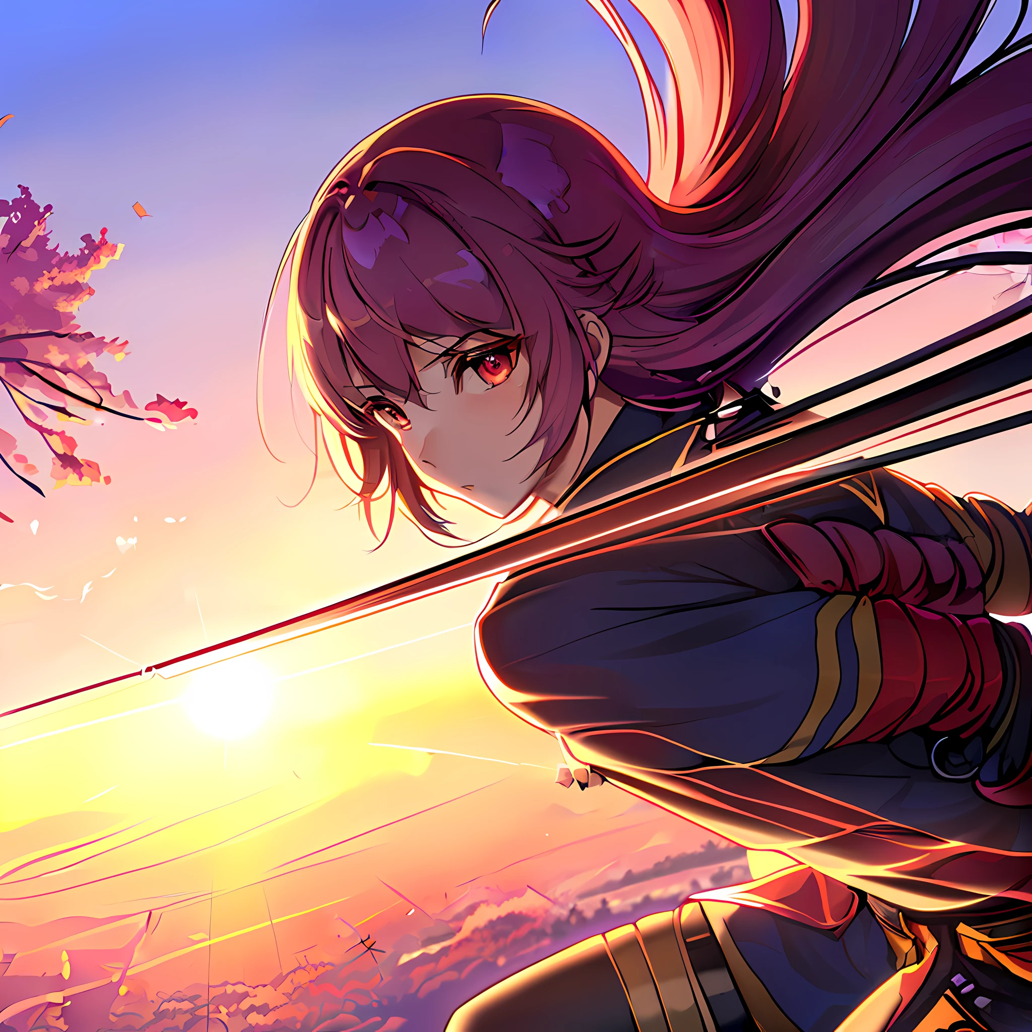 (extremely detailed CG unity 8k wallpaper,masterpiece, best quality, ultra-detailed),(best illumination, best shadow, an extremely delicate and beautiful),floating,Samurai,Anime style, Dynamic action pose, Katana, Windy sunset, Cherry blossoms, Dramatic light and shadow.