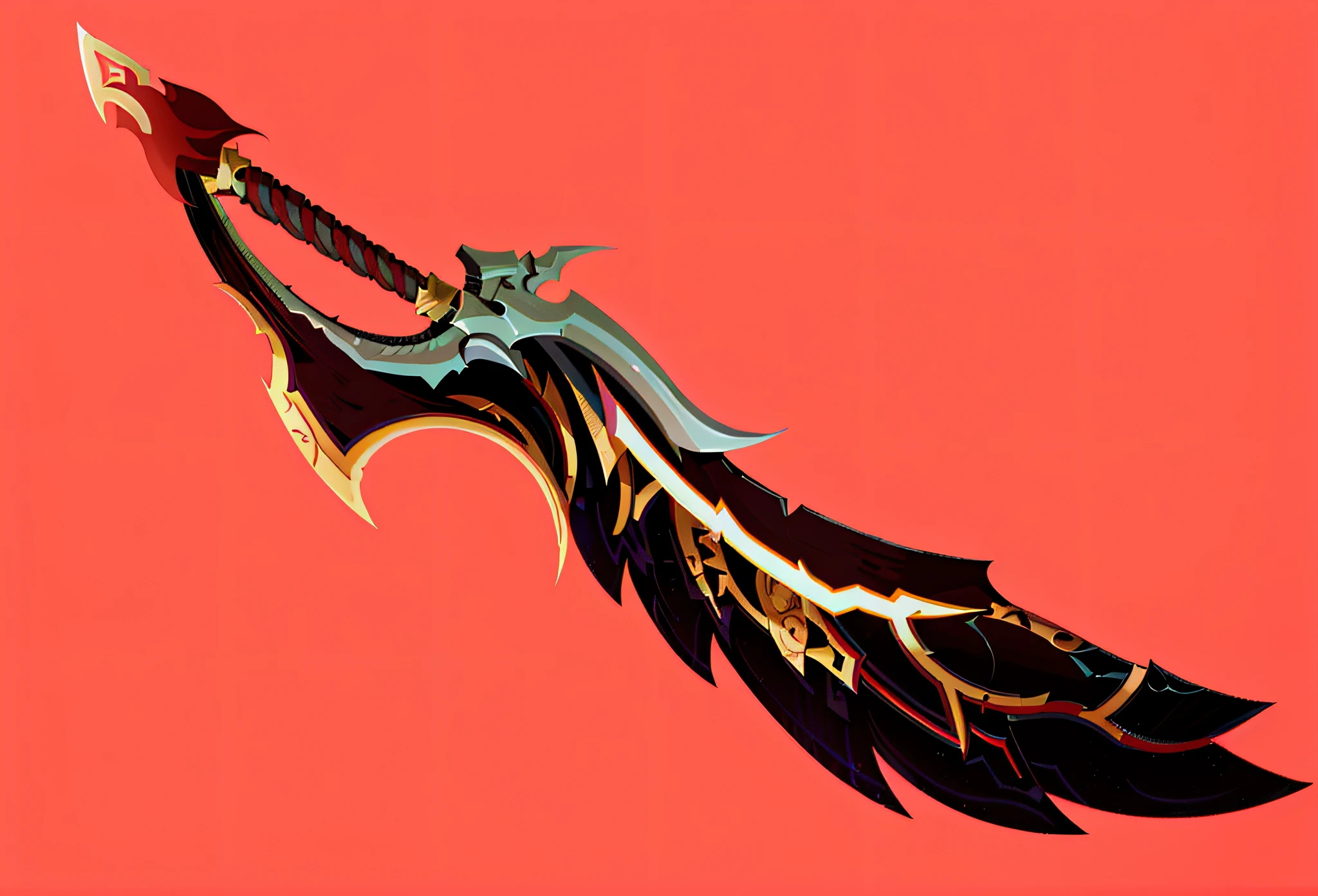there is a very large sword with a long blade on it, war blade weapon, style of ghost blade, fantasy blade, fantasy weapon, flaming sword, intricate fantasy spear, glaive, fantasy scythe, raytraced blade, epic fantasy weapon art, fantasy rpg weapon art, weapon design, black and red fantasy sword, blade design, sword design