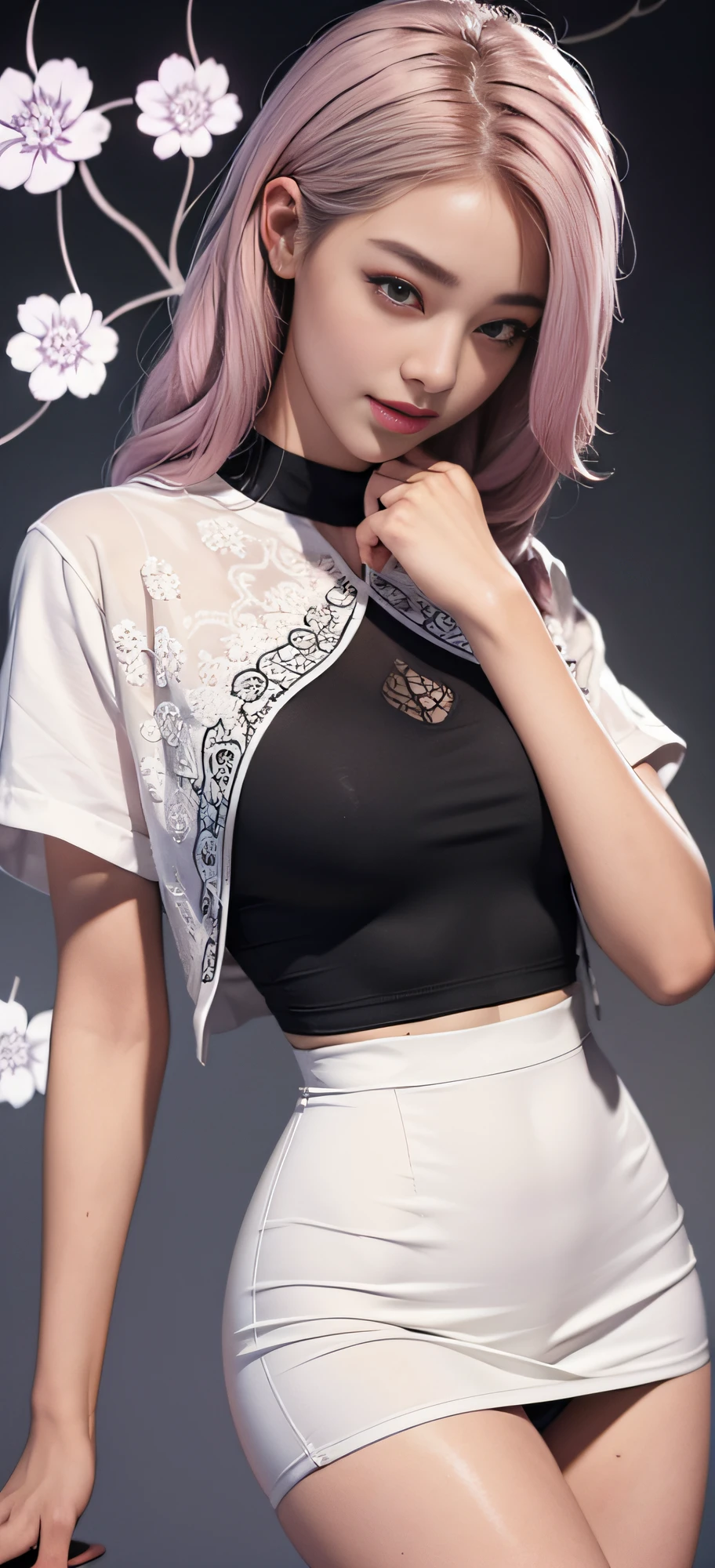 1 girl, Korean, masterpiece, changeable pose, solo, (zen tangle, mandala, tangle, tangle), ((flower: 1.4)) Official Art, Unified 8k wallpaper, super detailed, aesthetics, masterpiece, best quality, photo realism, sportswear, black midi skirt, white stockings, pale pink gradient hair, photo, close-up of face, fair skin, bright big eyes, tall straight nose, (beautiful face: 1.5), smile, technical aesthetics, real