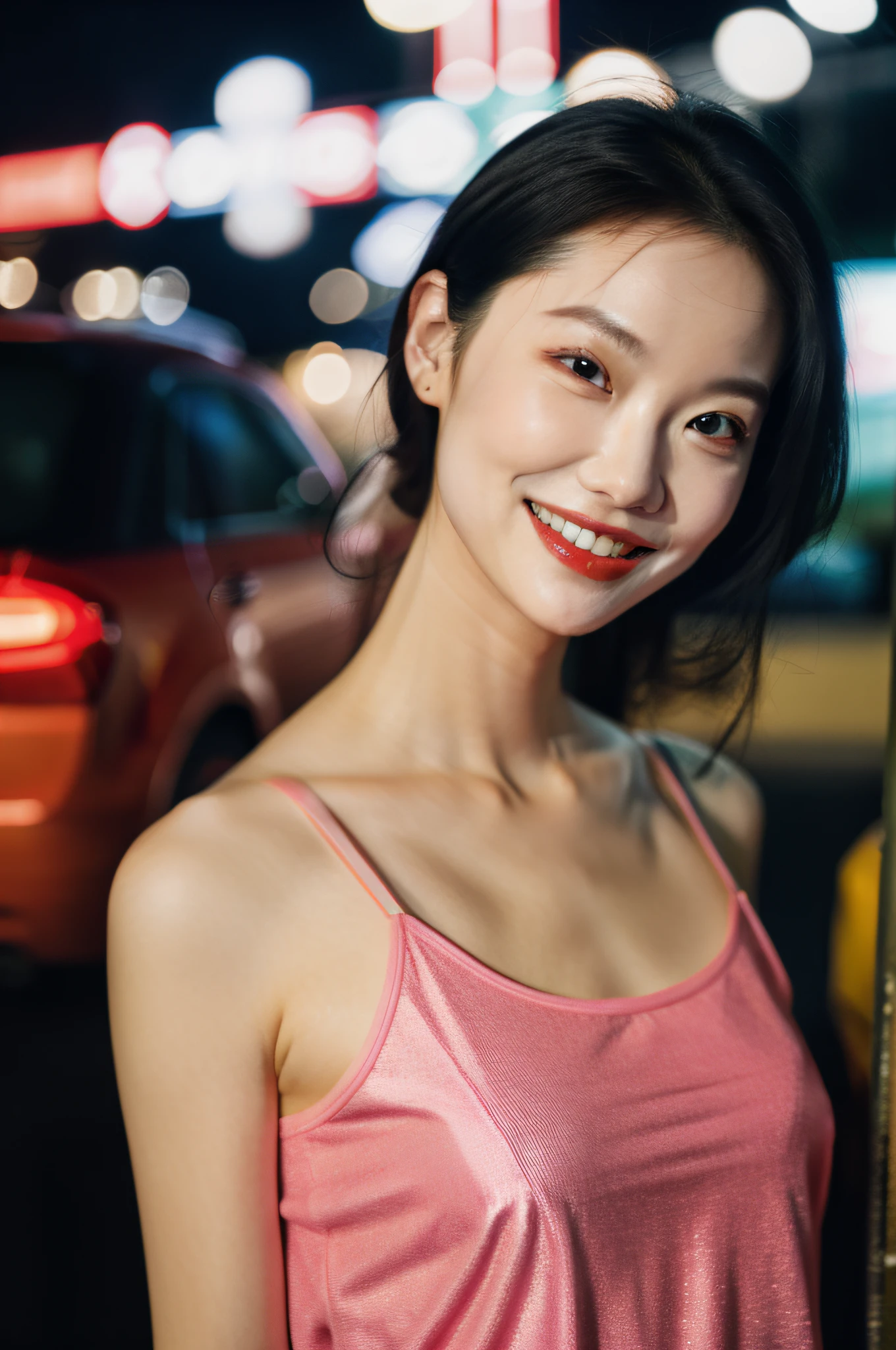 1girl, idol, model, depth of field, photo, film, face, skinny, smile, collarbone, teeth, movie, camisole, selfie, night,