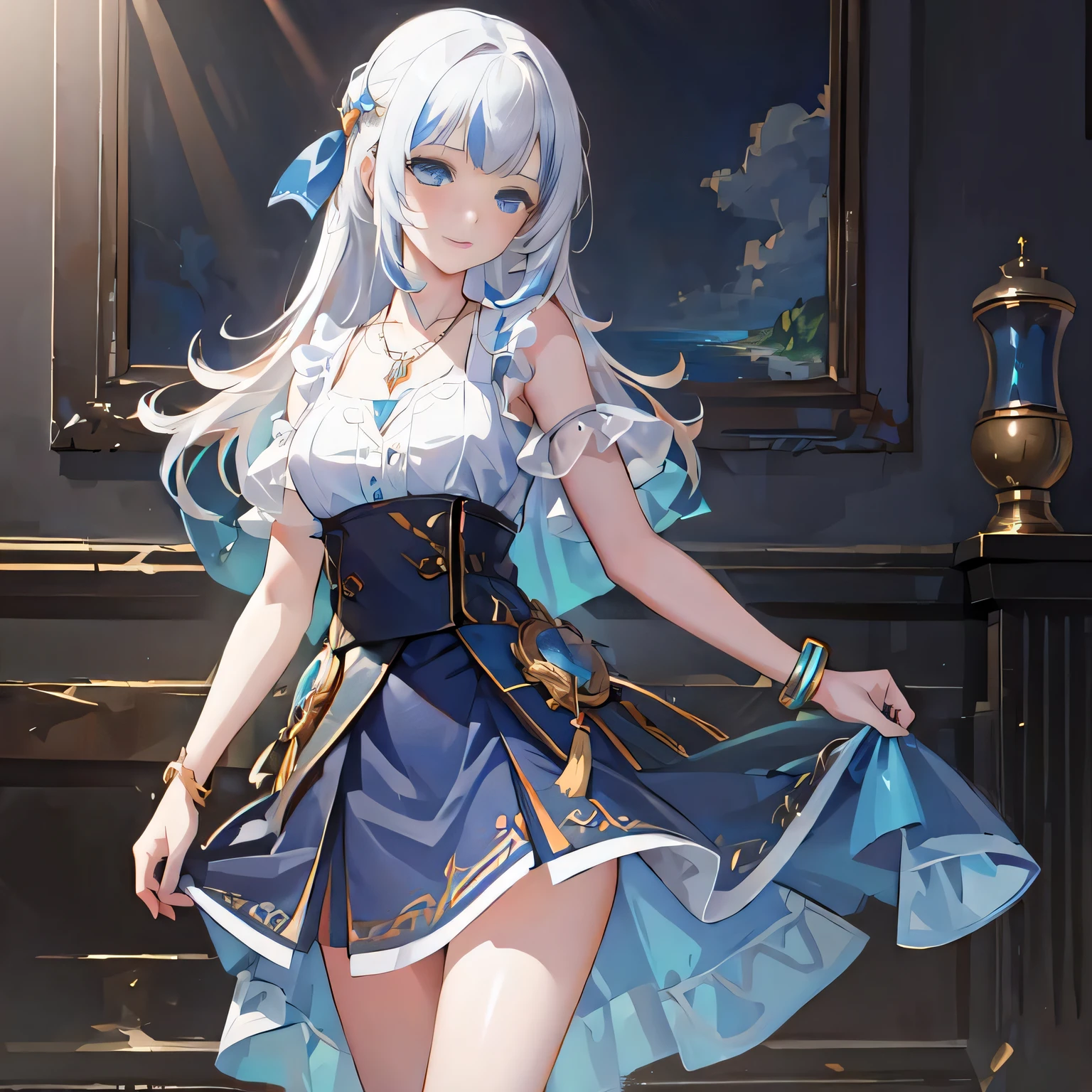 (masterpiece, best quality, extremely detailed CG, beautiful detailed eyes, ultra-detailed, intricate details:1.2), 8k wallpaper, elaborate features, (1girl, solo:1.4), looking at viewer, blue eyes, skirt, ankle bracelets, necklace, tridant, standing in the sea, day, light, gawr gura, shoulder length hair,