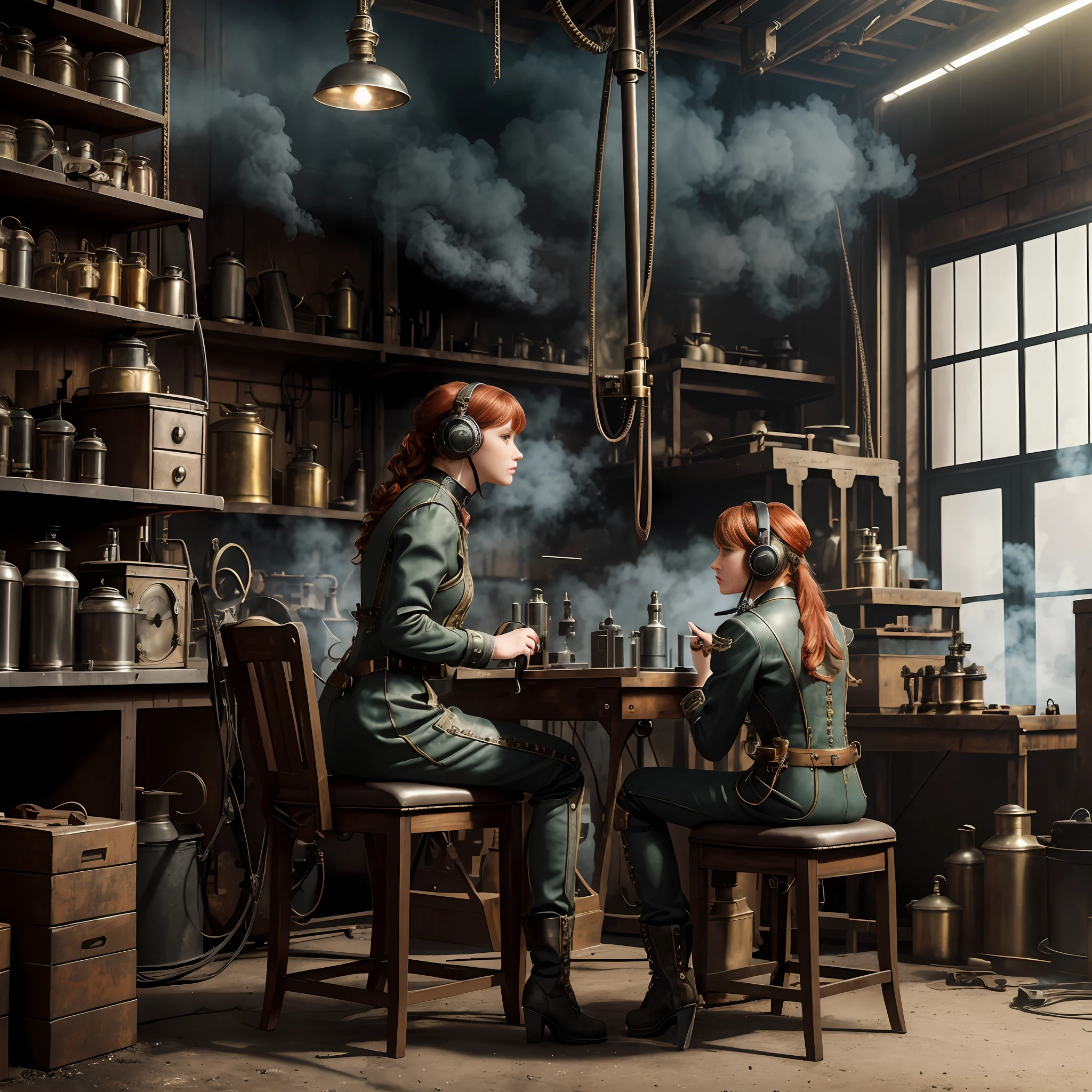 photorealistic, perfect anatomy, realistic character, hyper photorealism, very high contrast lighting, street photography, cinematic lighting, dramatic lighting, profile, shot from the back, (((a girl on a chair is repairing a machine in the steamy smoky workshop))), (a 19 yo girl, (Ana de Armas:0.70), (redhead:1.1)), very cute, (perfect eyes:1.1), photorealistic wavy hair, a girl in a steampunk jumpsuit in light gray color, intercom headset, steampunk choker, long leather boots, perfect detailed face, detailed symmetric green eyes with circular iris, fixing a steam engine in the steampunk garage filled with steam and smoke, cogs and gears, steamy background with lots of steam pipes and steam valves and pressure gauges and gears, intricate background, very highly detailed costume, very highly detailed background, steampunk fantasy style, steampunk , steampunk aesthetic, steamy, smoky