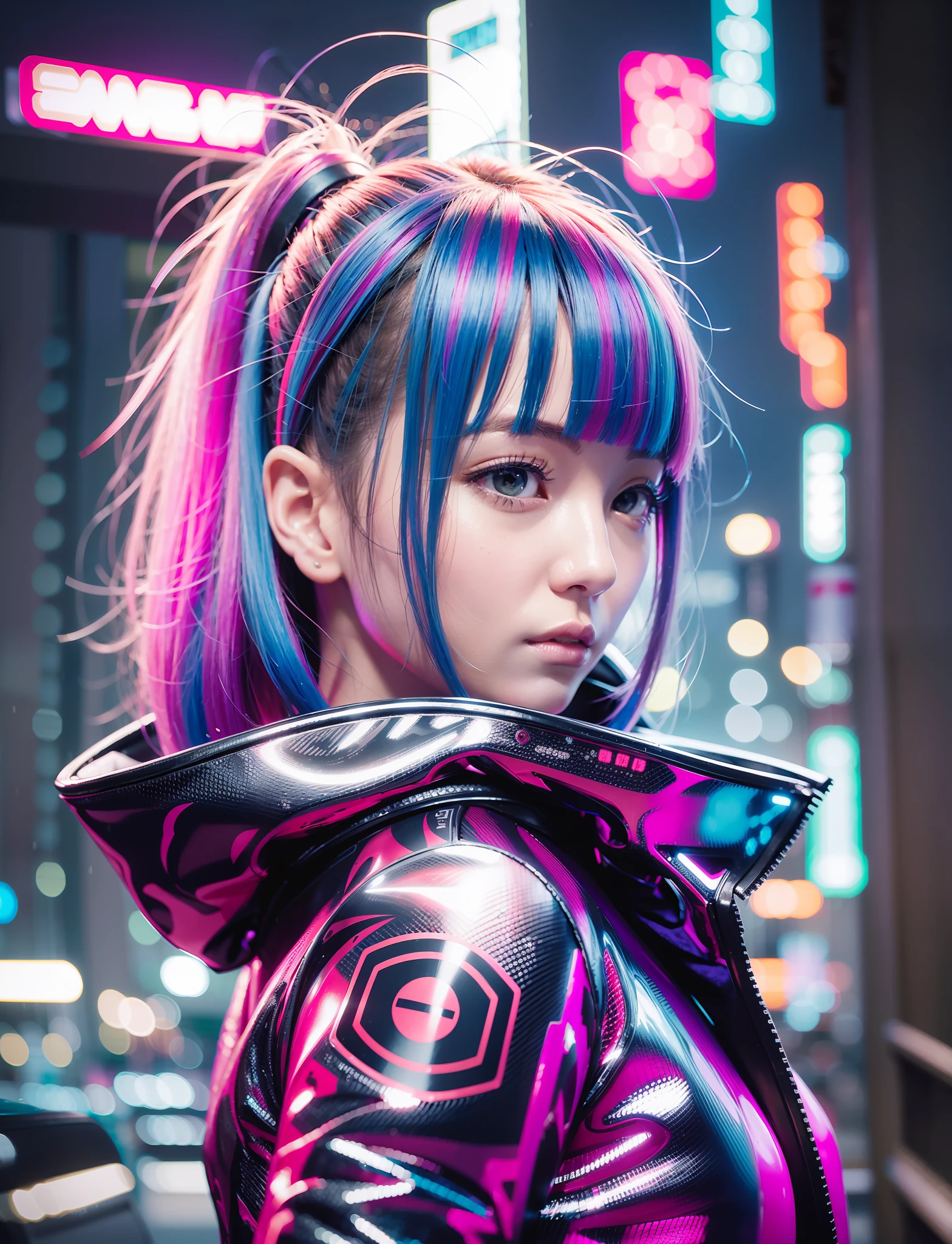 Young 1 Japan girl in shiny red jacket as cyberpunk character in neonninja style, futuristic city. Hair scrunchies, Princess cut, Silver hair, Color chips, Medium hair, Multicolored hair, Bangs parting, Parted lips, Red lips, Red lips, red eyeliner, Full moon, Gray eyes, Sexiness and coolness, night, neon, futuristic, concept art, Blade Runner worldview, TORON worldview, Ghost in the Shell worldview, painting, illuminated, close-up, detailed light, backlit glow. Rainy night in cyberpunk city with glowing neon lights. Dynamic and dynamic composition.