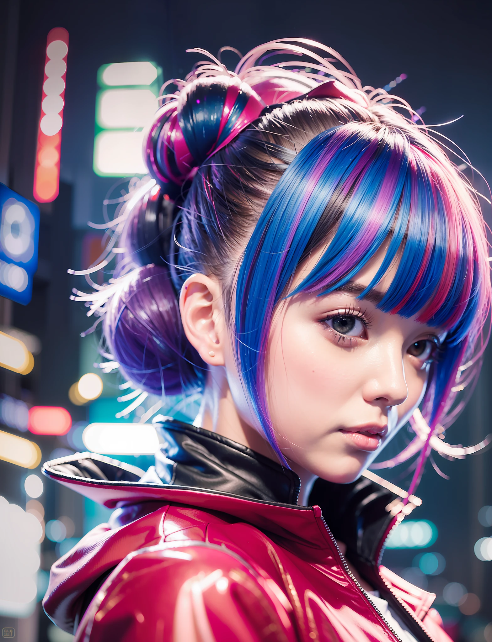 Young 1 Japan girl in shiny red jacket as cyberpunk character in neonninja style, futuristic city. Hair scrunchies, Princess cut, Silver hair, Color chips, Medium hair, Multicolored hair, Bangs parting, Parted lips, Red lips, Red lips, red eyeliner, Full moon, Gray eyes, Sexiness and coolness, night, neon, futuristic, concept art, Blade Runner worldview, TORON worldview, Ghost in the Shell worldview, painting, illuminated, close-up, detailed light, backlit glow. Rainy night in cyberpunk city with glowing neon lights. Dynamic and dynamic composition.