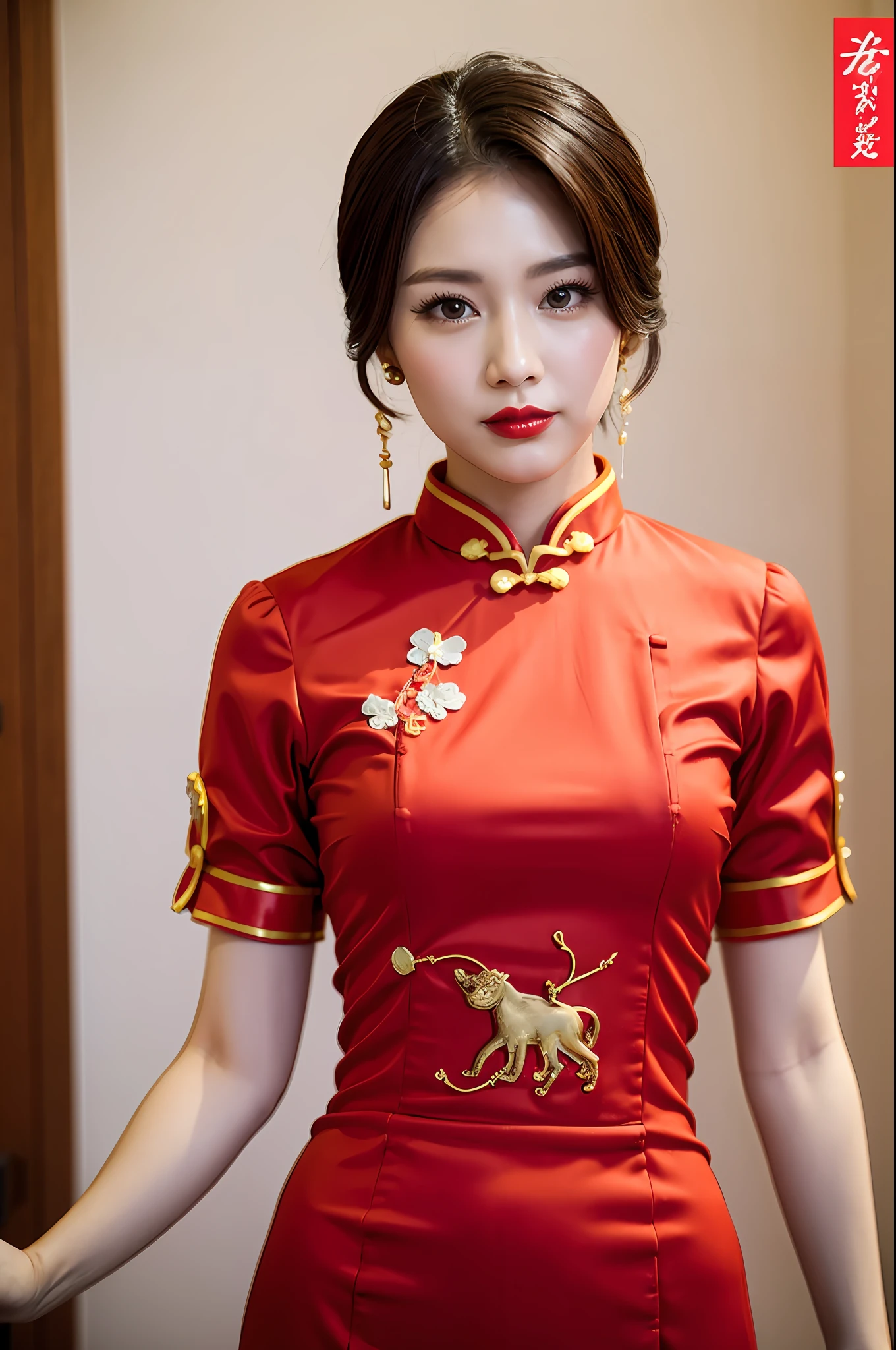 Perfect figure, cheongsam, Chinese woman, red, year