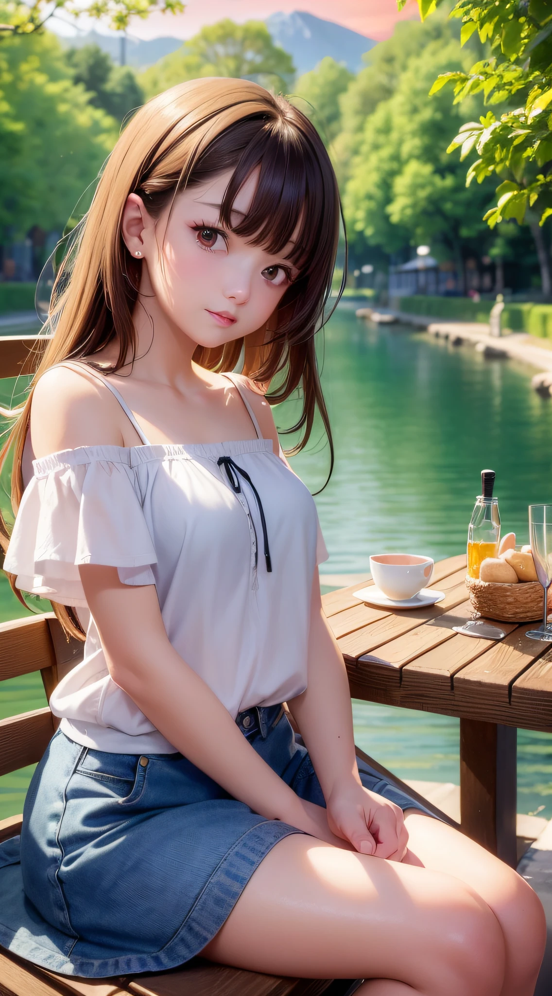 (Close-up of painting style, 12K ultra HD, masterpiece level CG wallpaper), cute girl wearing a wide off-the-shoulder shirt and short skirt, sitting in an outdoor restaurant by the river, her eyes are charming, her body is delicate, her face is smooth as a baby, and her cuteness is vividly set off under the sunset light.