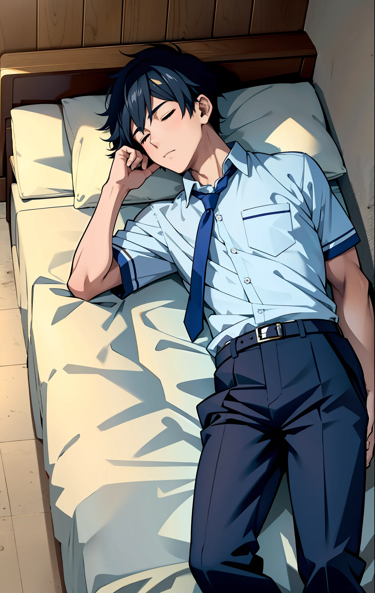 There is a male high school student wearing traditional school uniform men's trousers (manga), too tired and more casual to sleep in bed,