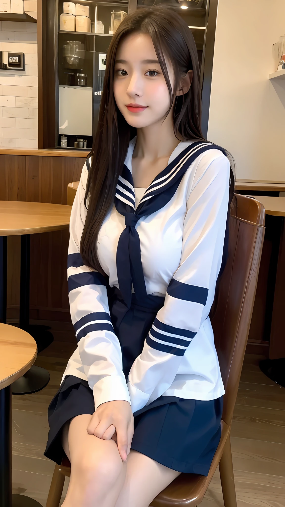 (Realistic, high resolution:1.2), 1 girl, super fine face and eyes, long hair, Japanese sailor suit, miniskirt, sitting on coffee chair, in a café, coffee on the table, big breasts