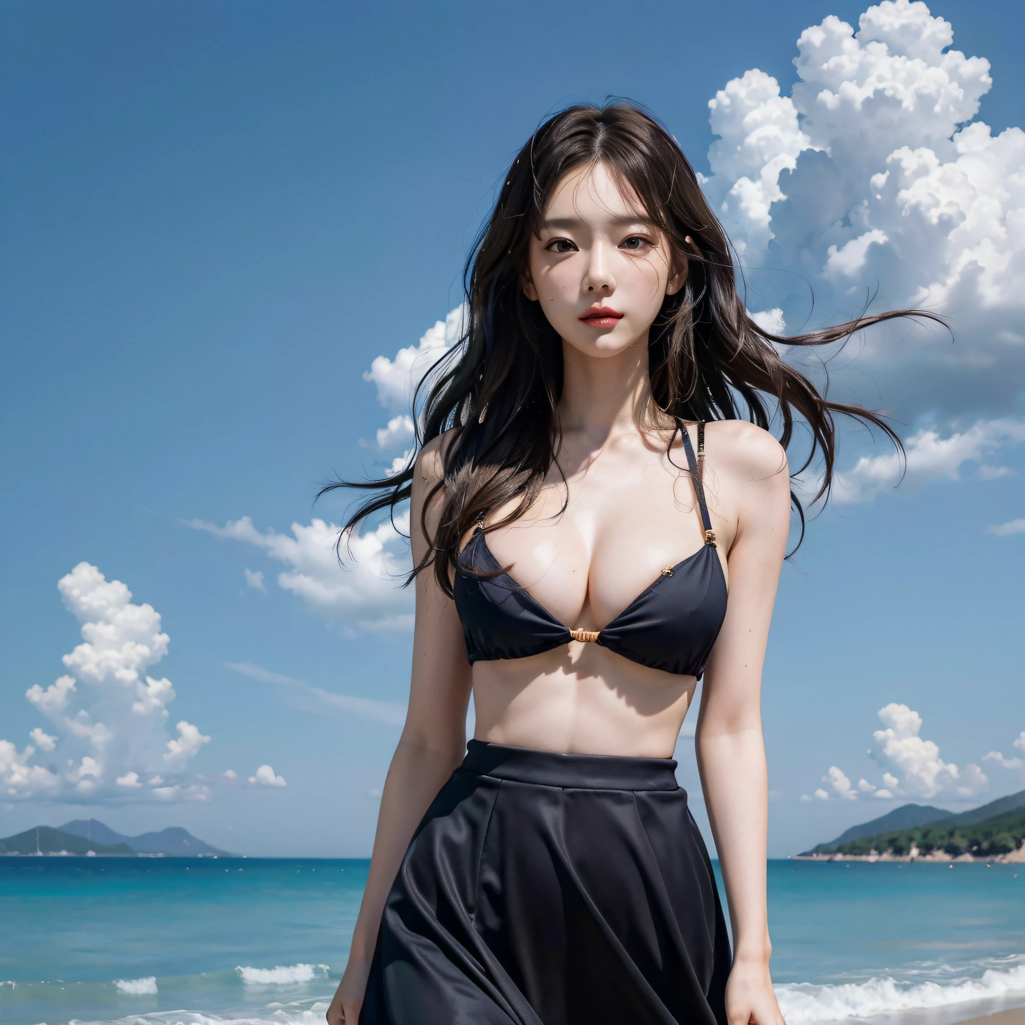 "(Masterpiece:1.1),  captured in ultra-detailed CG unity 8k wallpaper, (1 persons:0.95) in dynamic pose, full body, sensual, large breast, perfect figure, detailed face and skin texture, with strong and determined expression,(wavy hair:1.2) under bright sunlight, dramatic lighting, strong winds, winds blow the skirt, (vibrant colors:1.1)".