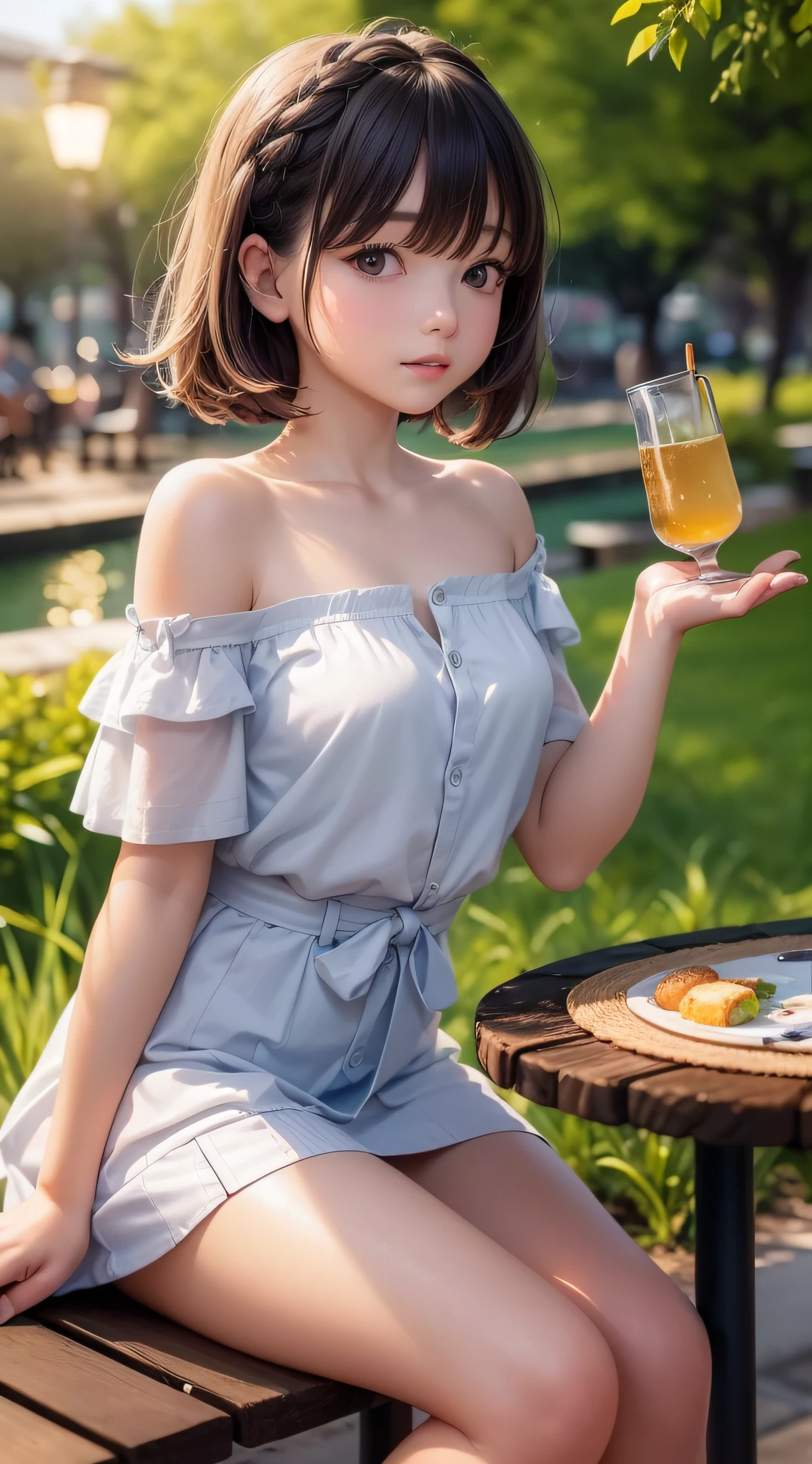 (Close-up of painting style, 12K ultra HD, masterpiece level CG wallpaper), cute girl wearing a wide off-the-shoulder shirt and a short dress, sitting in an outdoor restaurant by the river, her eyes are charming, her body is delicate, her face is smooth as a , and her cuteness is vividly set off under the sunset light.