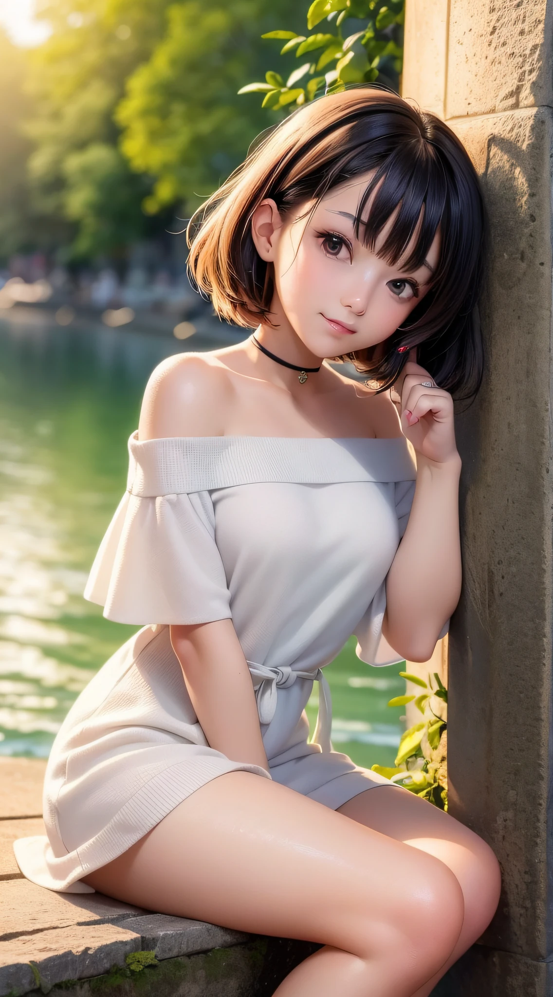 (Close-up of painting style, 12K ultra HD, masterpiece level CG wallpaper), cute girl wearing a wide off-the-shoulder shirt and a short dress, sitting in an outdoor restaurant by the river, her eyes are charming, her body is delicate, her face is smooth as a , and her cuteness is vividly set off under the sunset light.