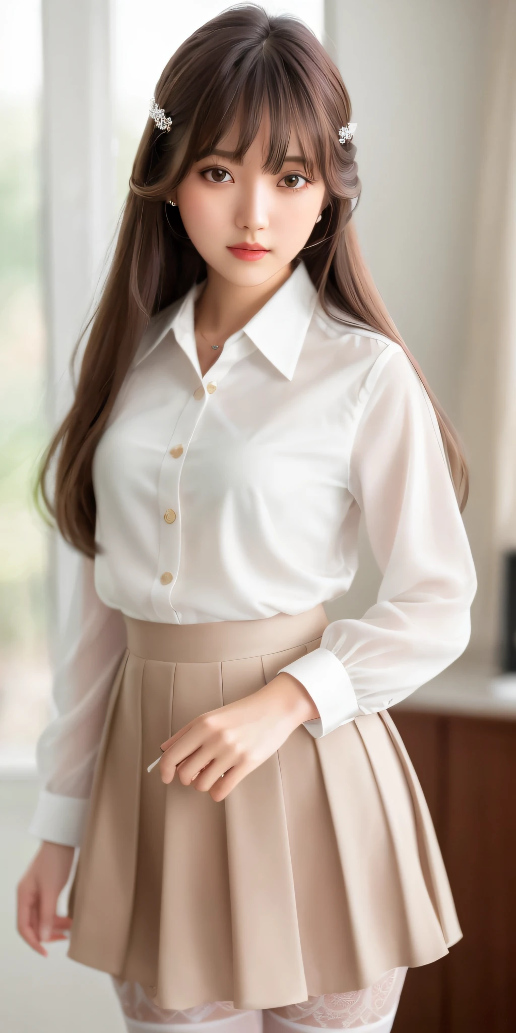 (8K, RAW Photo, Best Quality, Masterpiece: 1.2), (Realistic, Photorealistic: 1.37), Best Quality, Ultra High Resolution, Photon Mapping, Radiosity, Physically Based Rendering, Blur, Foreground, Depth of Field, Blurred Background, Photo_\(Medium), Motion Blur, Girl, (Full Body), Long Legs, Thin Legs, Long Hair, Bangs, (Bangs visible), hair_ornament, Lips, Hair clip, Solo, brown_eyes, Nosesoft, Sheer white blouse, mini skirt, stockings, lower,