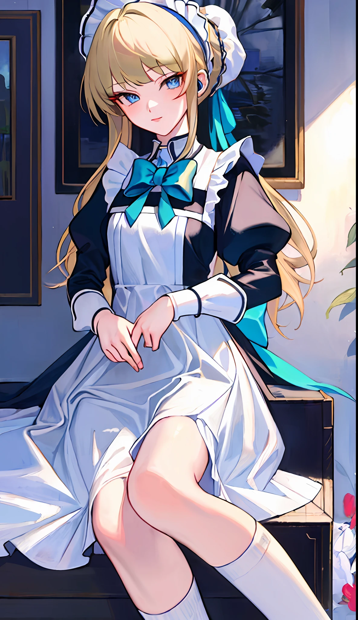 18-year-old beautiful girl, ((((Masterpiece)))), (((highest quality)))), (((Very detailed))), detailed fingers, precise fingers, not unnatural hands, illustration, 1 girl, solo, tied blonde, blue eyes, long-sleeved maid clothes, white high socks, TOKI,