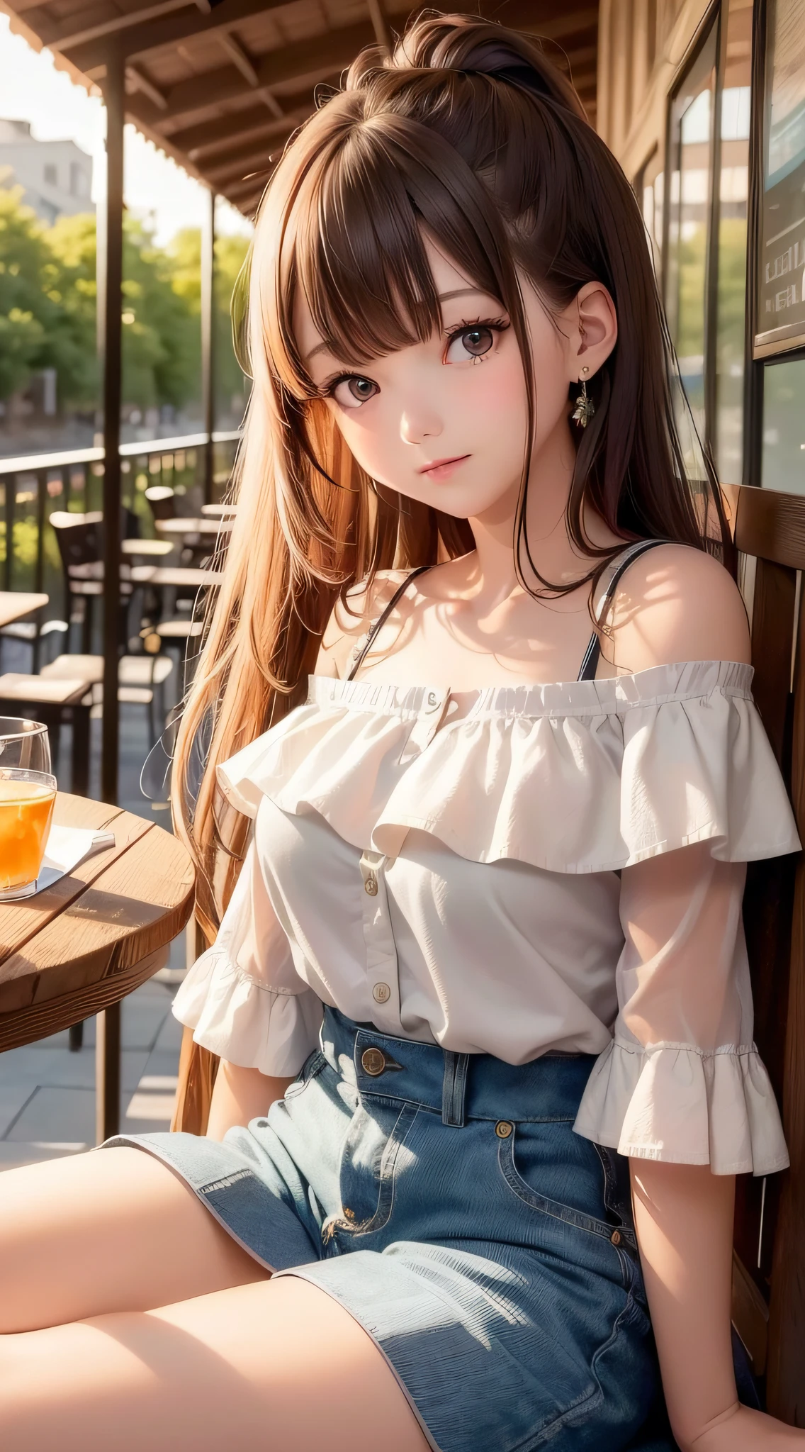 (Close-up of painting style, 12K ultra HD, masterpiece level CG wallpaper), cute girl wearing a wide off-the-shoulder shirt and a short dress, sitting in an outdoor restaurant by the river, her eyes are charming, her body is delicate, her face is smooth as a baby, and her cuteness is vividly set off under the sunset light.