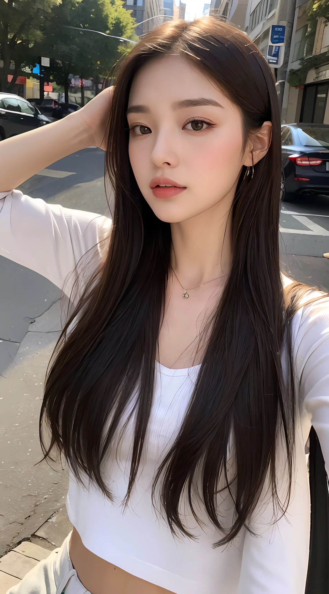 ((Realistic Lighting, Top Quality, 8K, Masterpiece: 1.3)), Clear Focus: 1.2, 1 Girl, Perfect Figure: 1.4, Slim Abs: 1.1, (Dark Brown Hair)), (White Crop Top: 1.4), (Outdoor, Night: 1.1), Street, Ultra Slender Face, Narrow Eyes, Double Eyelids, Lower, Big