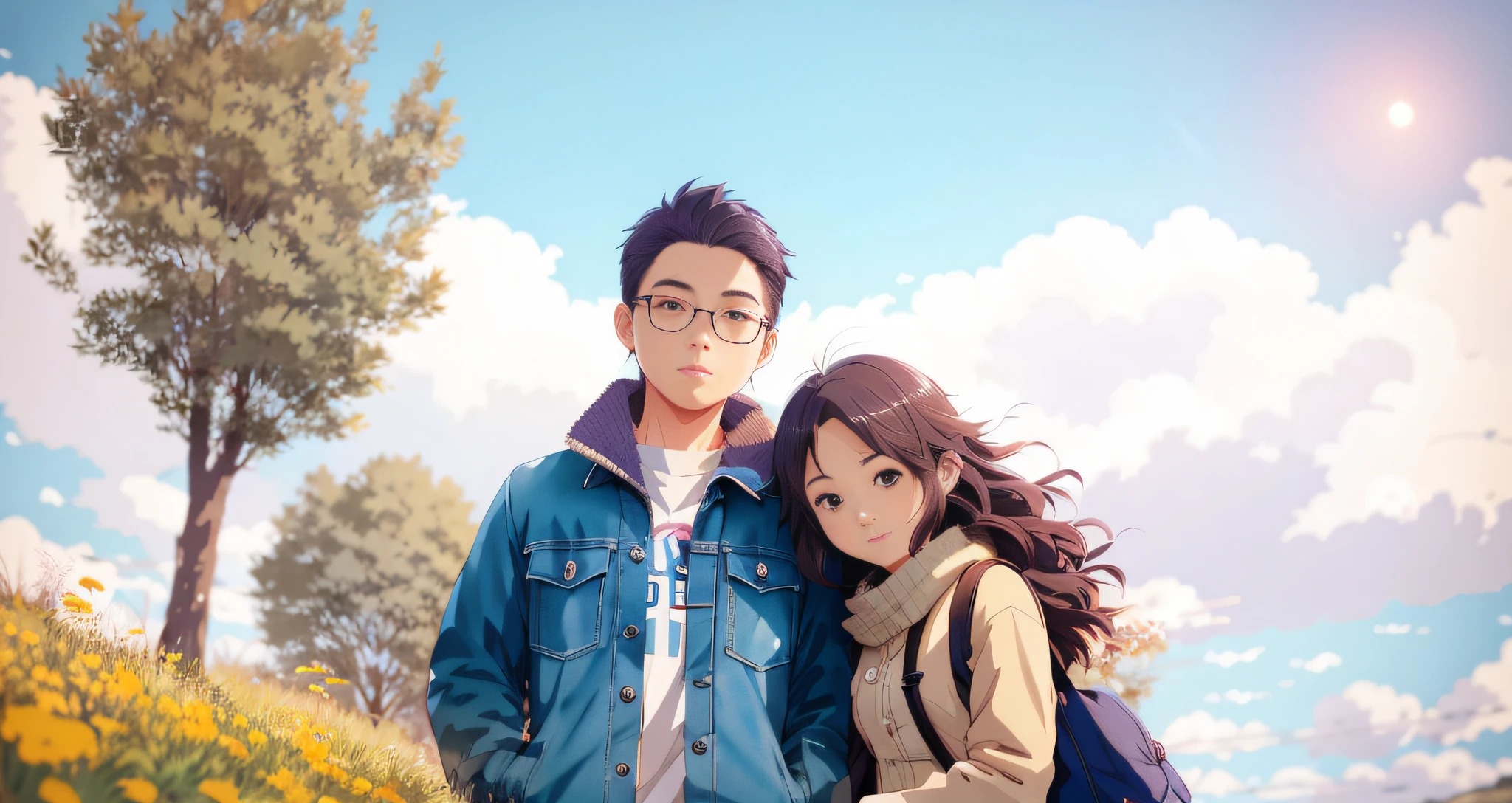 they are standing in a field with a tree in the background, artwork in the style of guweiz, realistic anime 3 d style, guweiz and makoto shinkai, guweiz, photorealistic!!!!!!! art style, loish and ross tran, anime realism style, guweiz masterpiece, 3 d anime realistic, ross tran and bayard wu