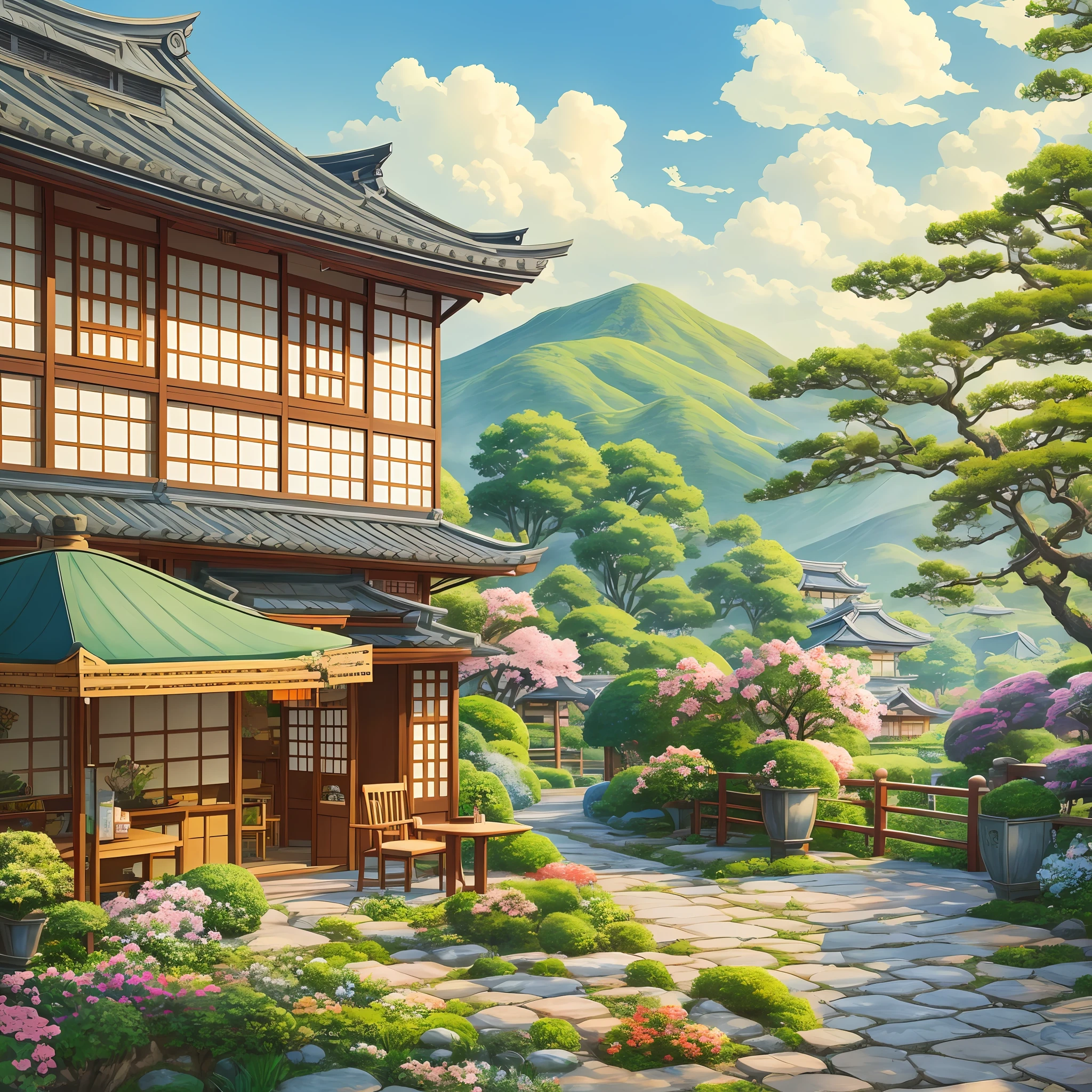 There is a garden painting with table and chairs, cozy café background, detailed scenery, Japanese street, very detailed scene, summer afternoon, Japanese art style, beautiful detailed scene, cottage core, relaxing concept art, cozy home background, landscape artwork --auto --s2