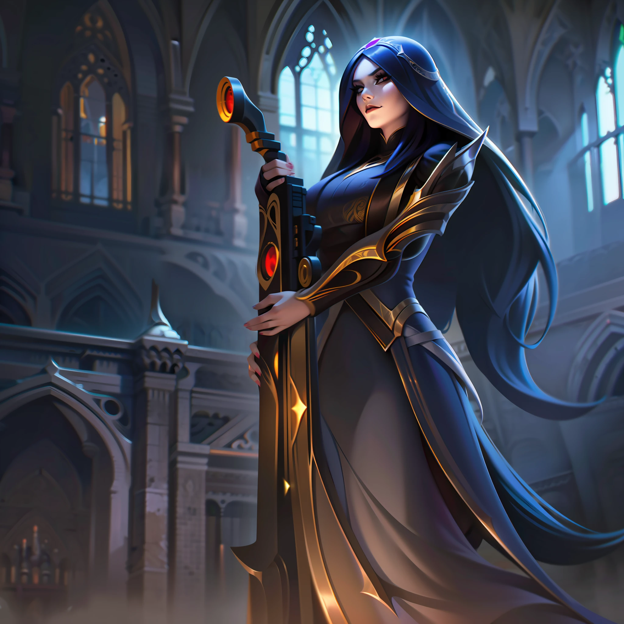 a woman with straight long hair shooting with a sniper into a gothic palace with a gothic veil, caitlyin lol, splashart, splashart from League of Legends, art, brush stroke, masterpiece, 8k, ultra detailed, HD