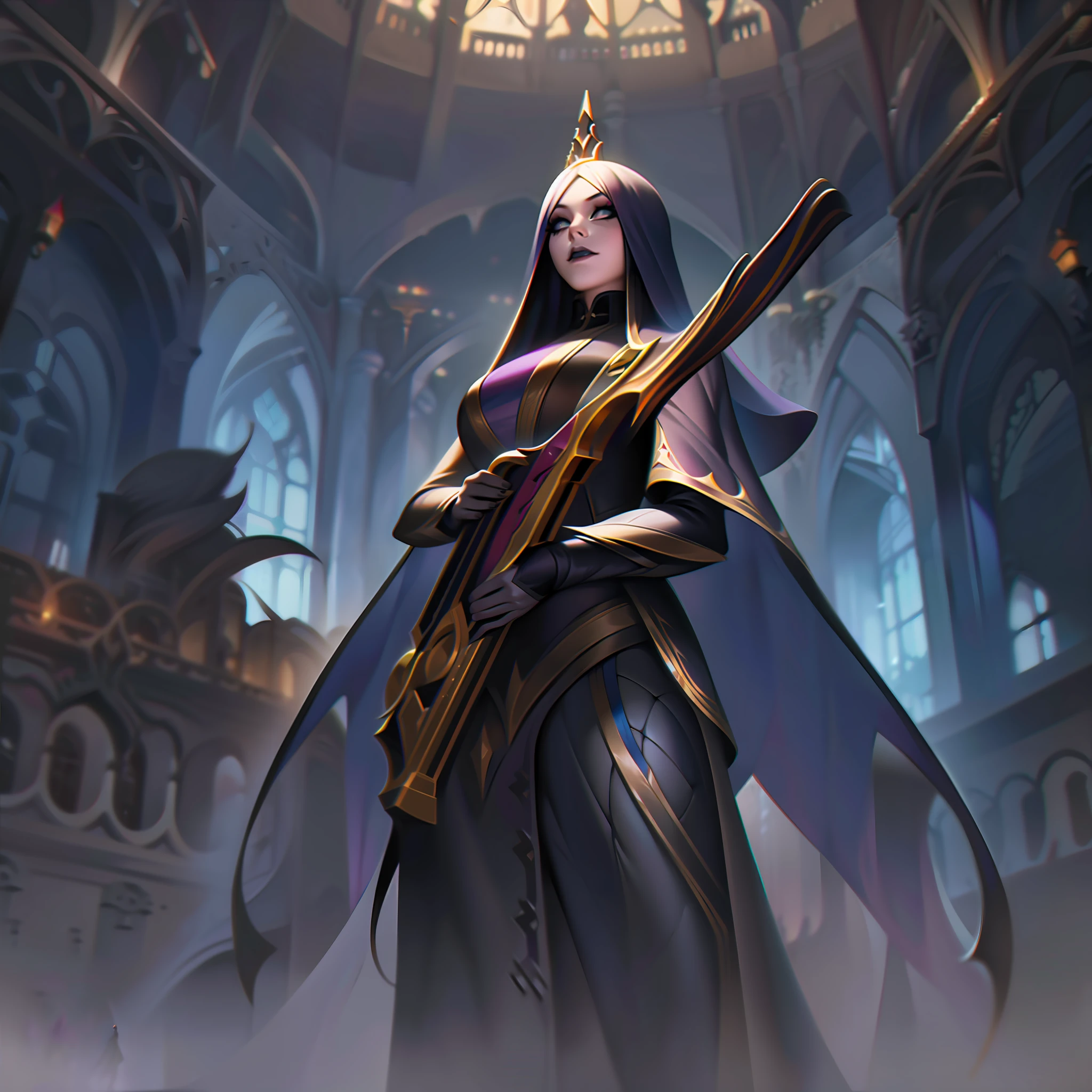 a woman with straight long hair shooting with a sniper into a gothic palace with a gothic veil, caitlyin lol, splashart, splashart from League of Legends, art, brush stroke, masterpiece, 8k, ultra detailed, HD