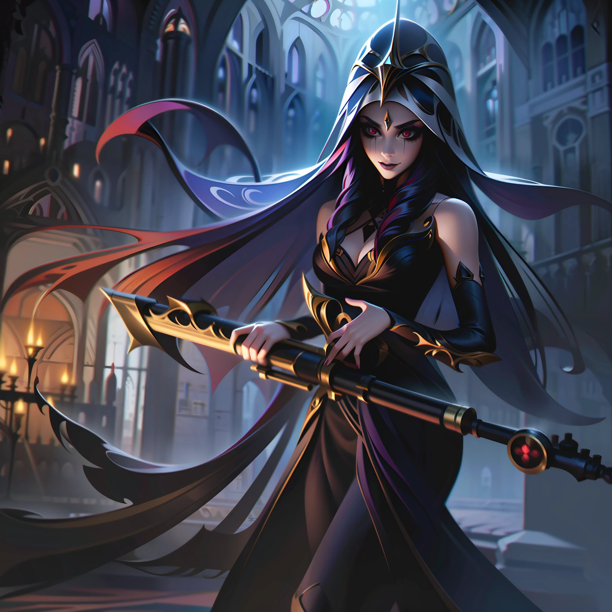a woman with straight long hair shooting with a sniper into a gothic palace with a gothic veil, caitlyin lol, splashart, splashart from League of Legends, art, brush stroke, masterpiece, 8k, ultra detailed, HD