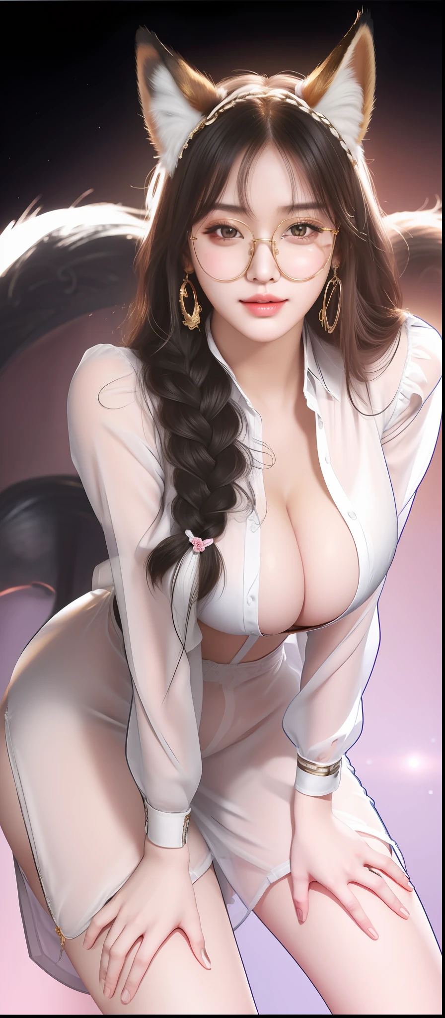 An Idol k-pop girl, cute girl, sexy girl, white braid hair, intricate face details, detailed face, golden ratio face, big breast, big butt, big hip, big thighs, full body, 64K, UHD, HDR, high quality, high detailed, hyper detailed, extremely detailed, photo realistic, ultra realistic, art photo, clarify the details, detailed parts body, intricate artwork masterpiece, trending on artstation, erotic face, happy face, wearing long shirt and glasses, see through clothes, fox ears, unbuttoned, open breast, fox tail, no pants