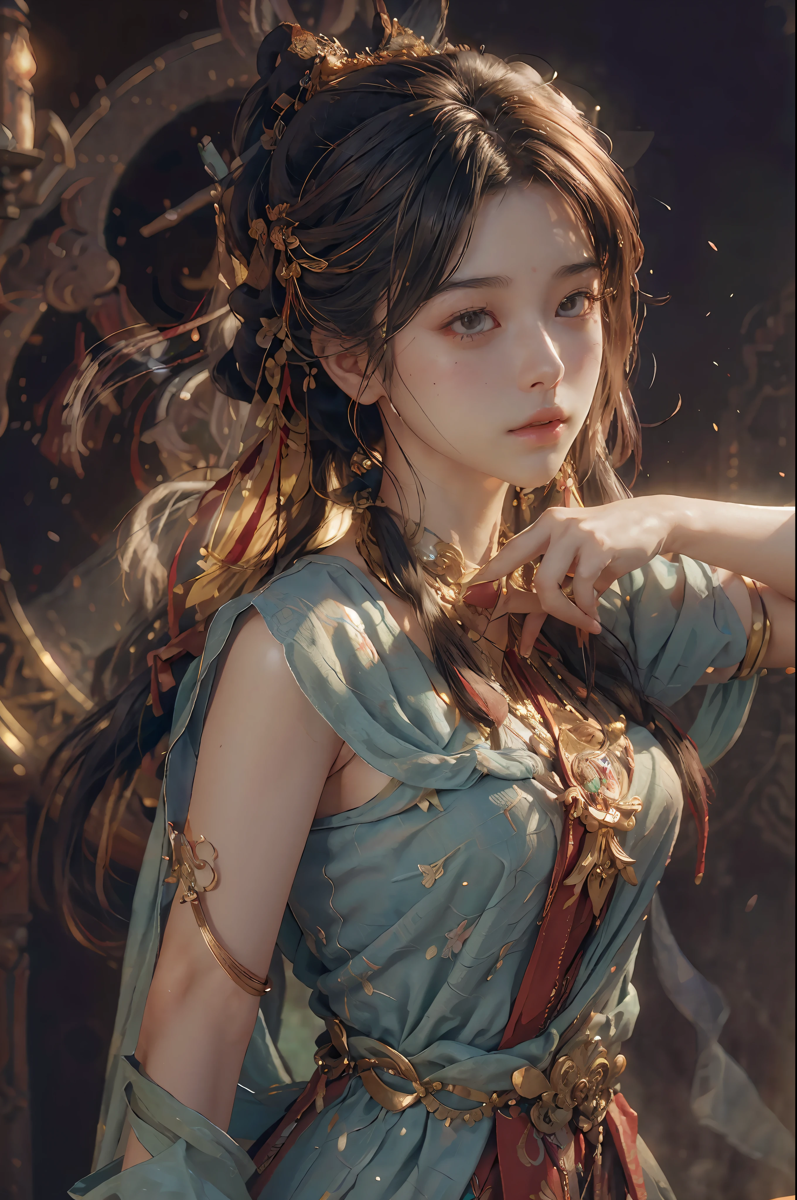 (RAW photo, best quality), (realistic, photo-realistic:1.3),best quality,highly detailed,masterpiece,ultra-detailed,illustration,1girl,upper_body,dynamic angle,world masterpiece theater,messy_long_hair,best quality,extremely detailed CG unity 8k wallpaper,ink,Amazing,cinematic lighting,lens_flare, dunhuang_style
