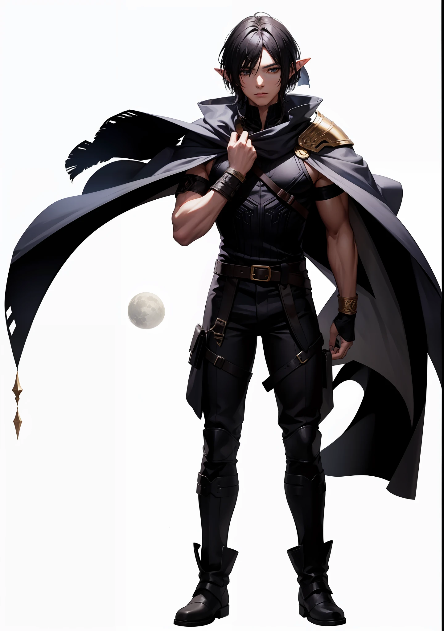 Male elf, black hair, scenery with moons, but with a scar.