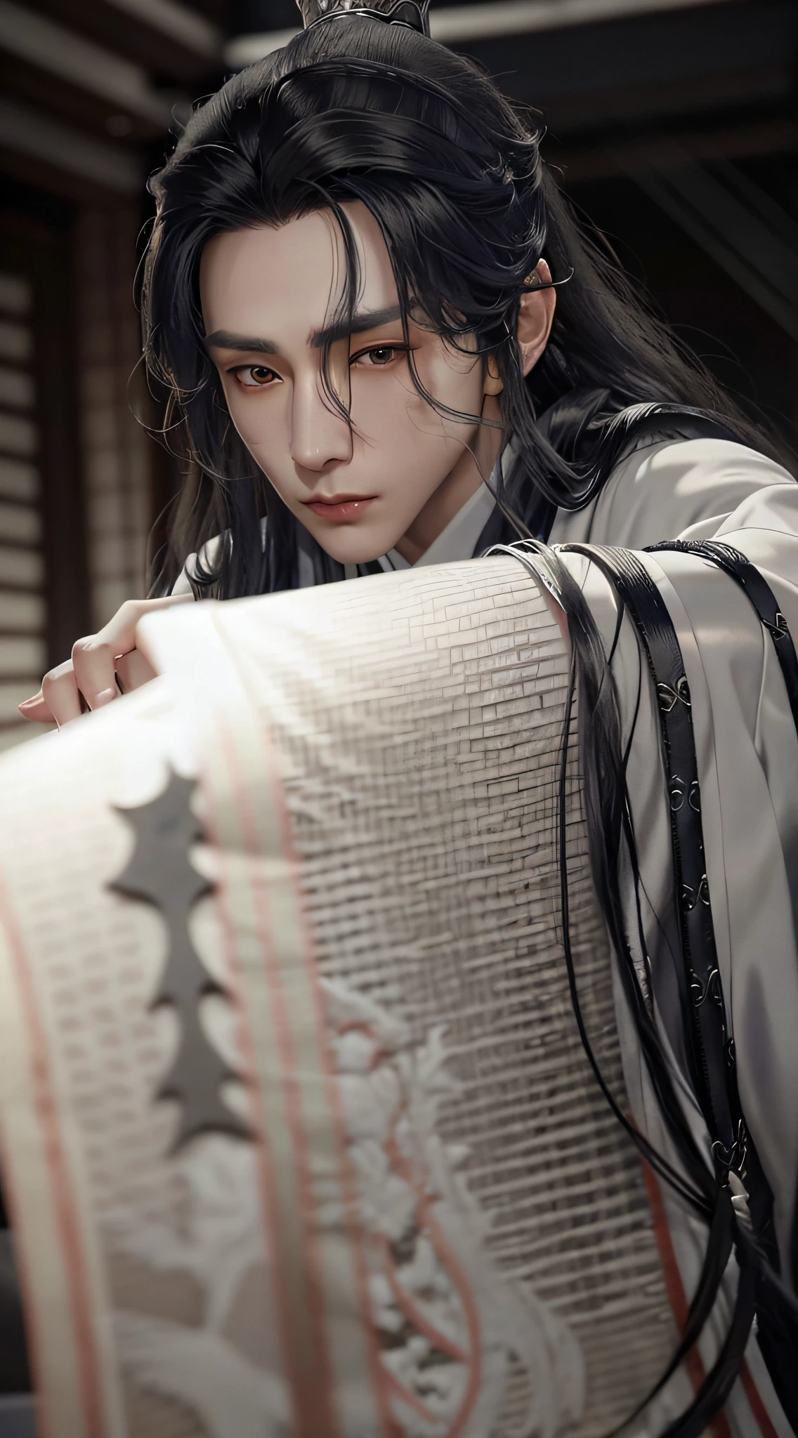 Realistic skin texture, highly detailed, 8k wallpaper, volumetric lighting, dynamic lighting, black long hair man, long flowing hair, silver mark on forehead, Chinese style white robe, black embroidery pattern, dynamic perspective, cloudy and foggy, ancient Chinese architecture, fairy magic