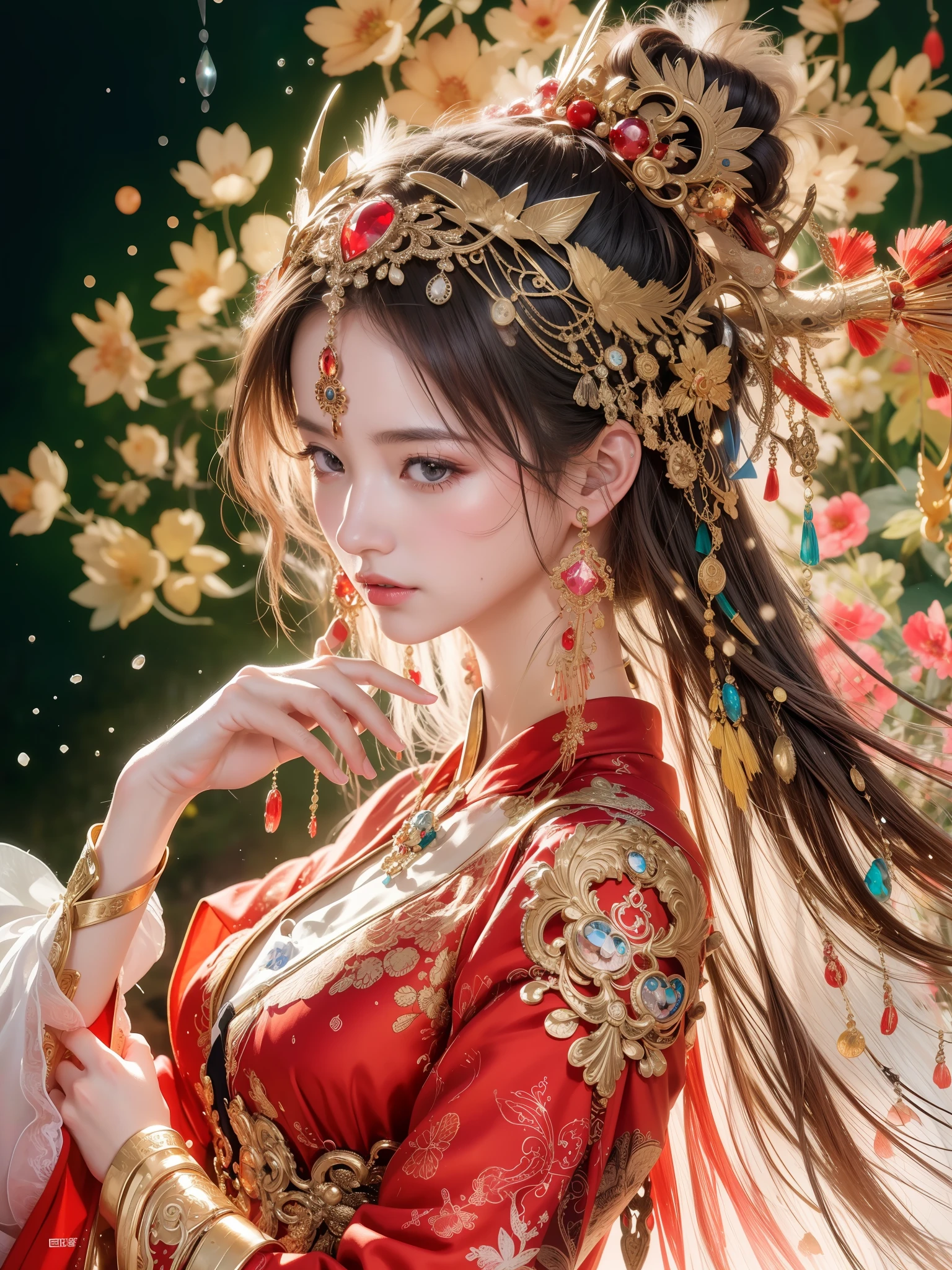 (8k, RAW photo:1.2), best quality, ultra high res, dramatic angle, (fluttered detailed color splashes), (illustration), (((1 girl))), (long hair), (rain:0.9), (headdress: 1.4), there is an ancient palace next to the girl, elegant, red Hanfu, ( Emphasis), color ink painting, (splash color), splash color, ((colorful)), (sketch: 0.8), Masterpiece, best quality, beautiful painted, highly detailed, (denoising:0.6), [splash ink], ((ink refraction)), (beautiful detailed sky) , moon, highly, detailed, (masterpiece, best quality, extremely detailed) CG unity 8k wallpaper, masterpiece, best quality, super detailed), red, gold headdress, aesthetic, golden ancient palace background,