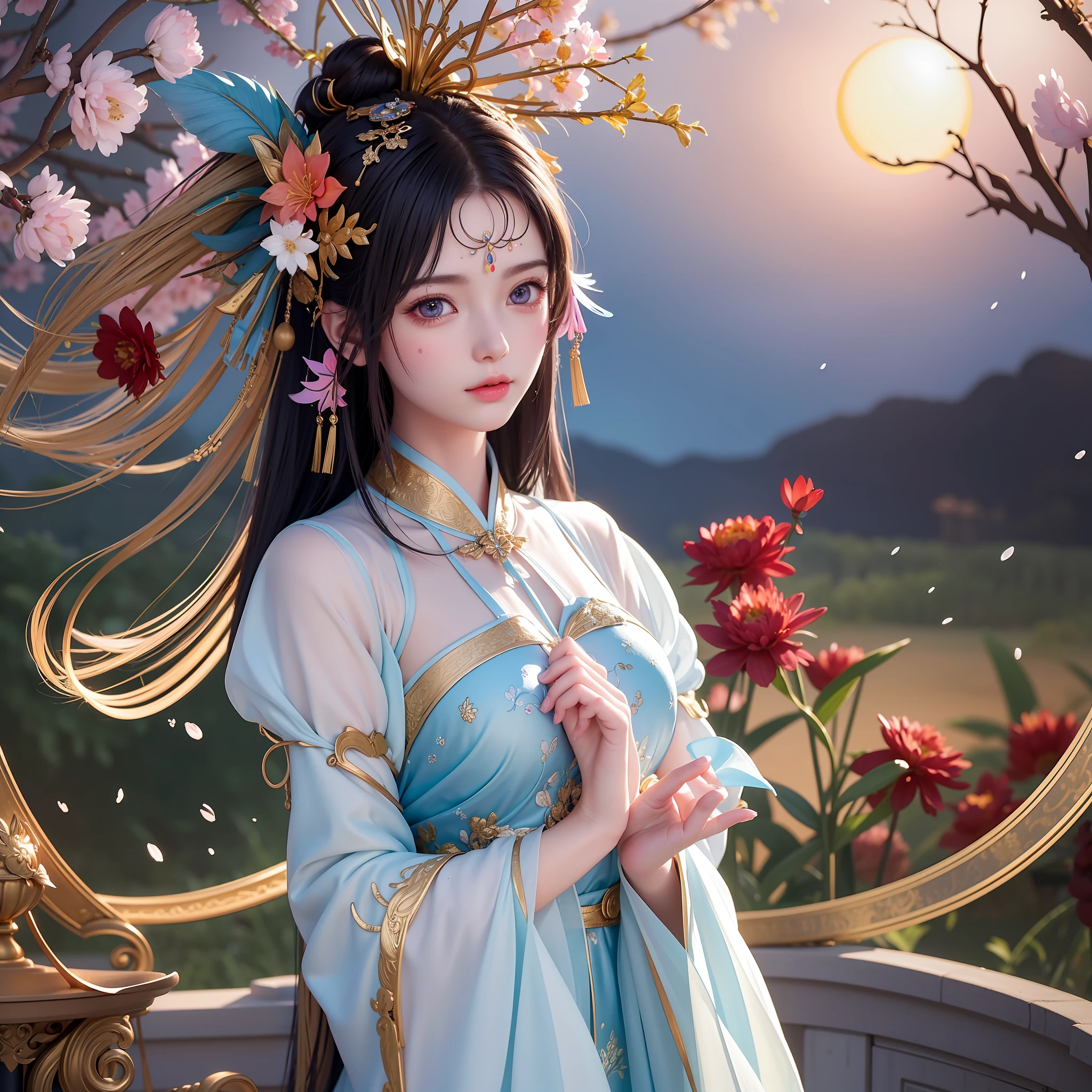 (8k, RAW photo:1.2),best quality, ultra high res,dramatic angle,(fluttered detailed color splashs), (illustration),(((1 girl))),(long hair),(rain:0.9),(hair ornament:1.4),there is an ancient palace beside the girl,chinese clothes,(focus on), color Ink wash painting,(color splashing),colorful splashing,(((colorful))),(sketch:0.8), Masterpiece,best quality, beautifully painted,highly detailed,(denoising:0.6),[splash ink],((ink refraction)), (beautiful detailed sky),moon,highly,detaild,(masterpiece, best quality, extremely detailed CG unity 8k wallpaper,masterpiece, best quality, ultra-detailed),(Lycoris radiata),