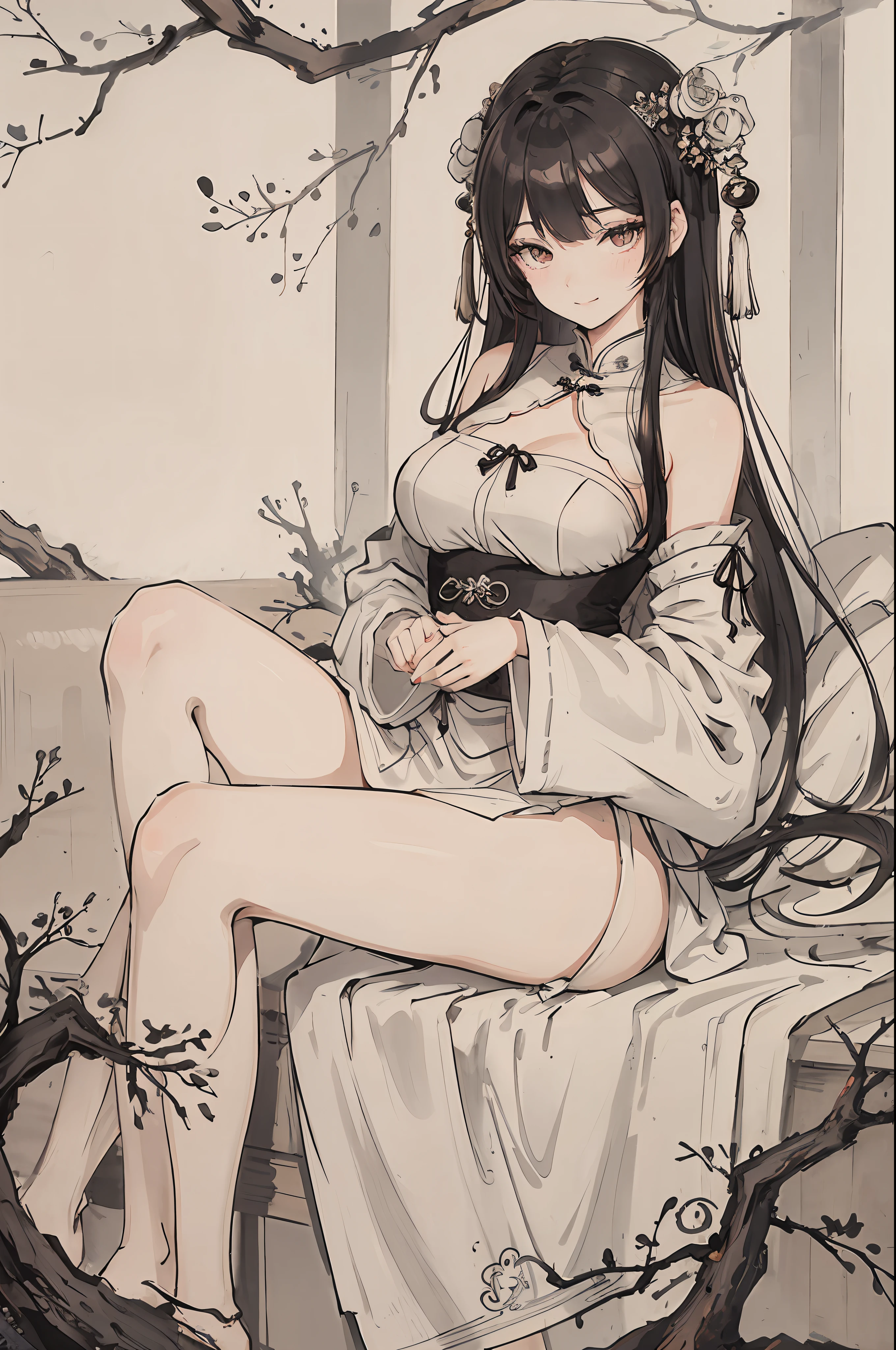 (masterpiece, best quality: 1.2), traditional Chinese ink painting, A cute 18 year old female with medium , sexy wh lace , Oversized dress :1.5, Couch, Ultra-detailed face, Detailed eyes, Double eyelid, sfw , long dress, Coy Smile