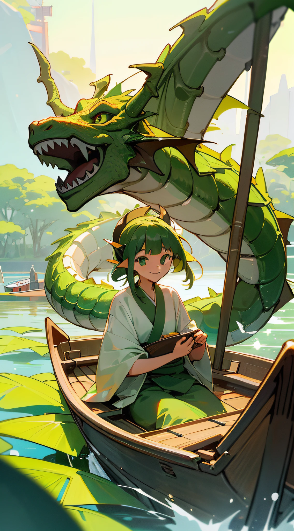 Best quality,masterpiece,ultra high res,Summer,Green,(dragon:1.5),Indocalamus Leaf,longzhou,1 girl,(bright eyes, sun-kissed skin, carefree expression),smile,boat,(There are more boats in the distance:1.5),,longzhou,There's sticky rice on the boat,boat,watercraft,
