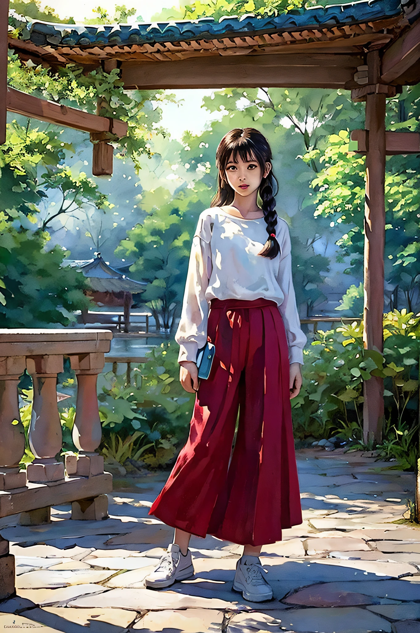 stechu, (white background: 1.4), (tachi-e)), original, (illustration: 1.1), (best quality), (masterpiece: 1.1), (very detailed CG unity 8k wallpaper: 1.1), (color: 0.9), (panoramic shot: 1.4), (single: 1.2), (splashed ink), (splashed color), ((watercolor)), clear and sharp focus, { 1girl standing }, ((korean style)) , flower background, outdoors, rock, looking at the viewer, making happy expressions, soft smile, pure, beautiful delicate face and eyes, sportswear, Nike, brunette single twisted braid, 10 year old girl, black eyes, with glasses, aqua