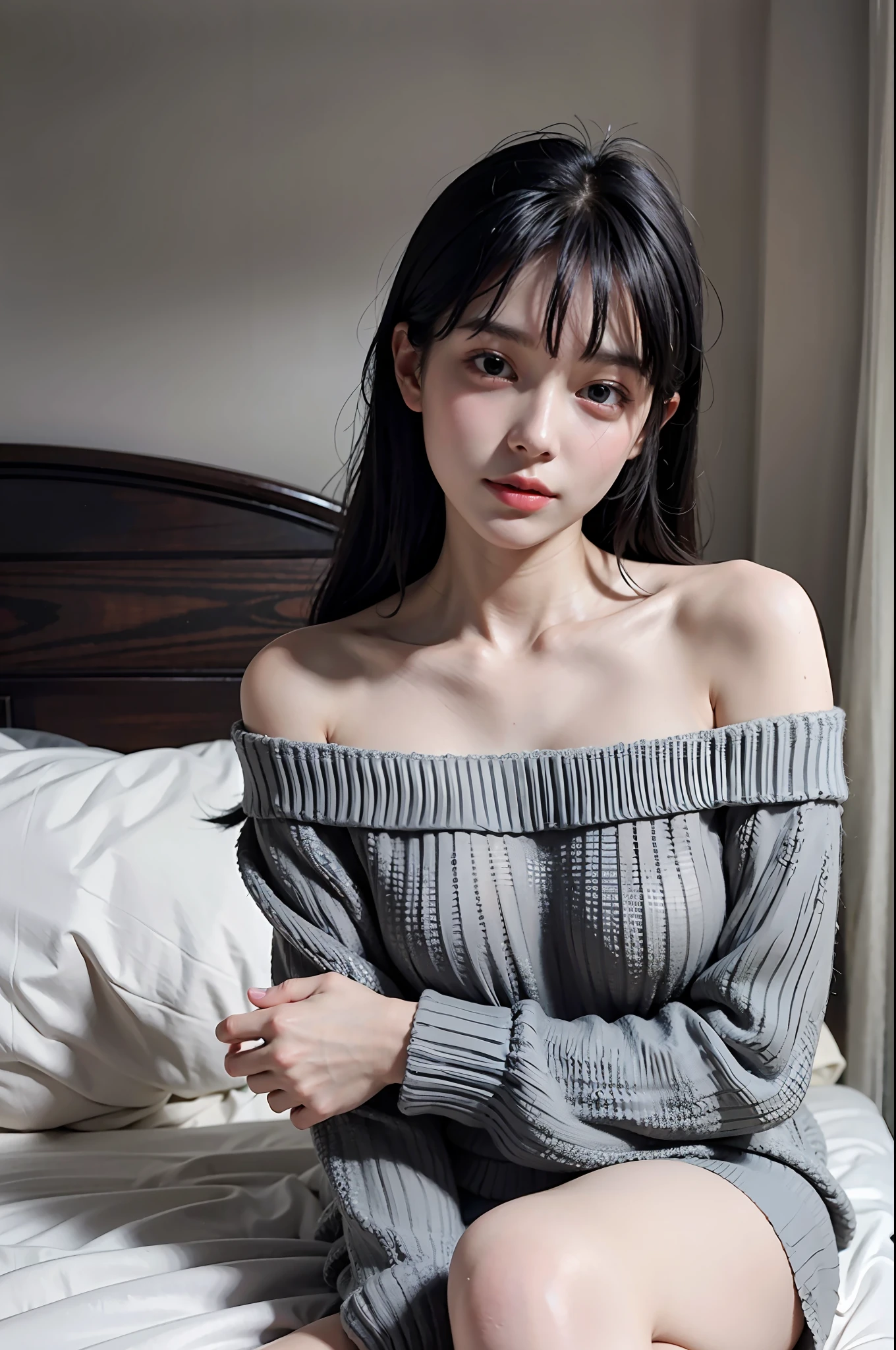 8K, Ultra Detailed, Physically Based Rendering, Bedroom, Night, Perfect Skin, Closed Mouth, Off-the-Shoulder Grey Sweater, Soft Light