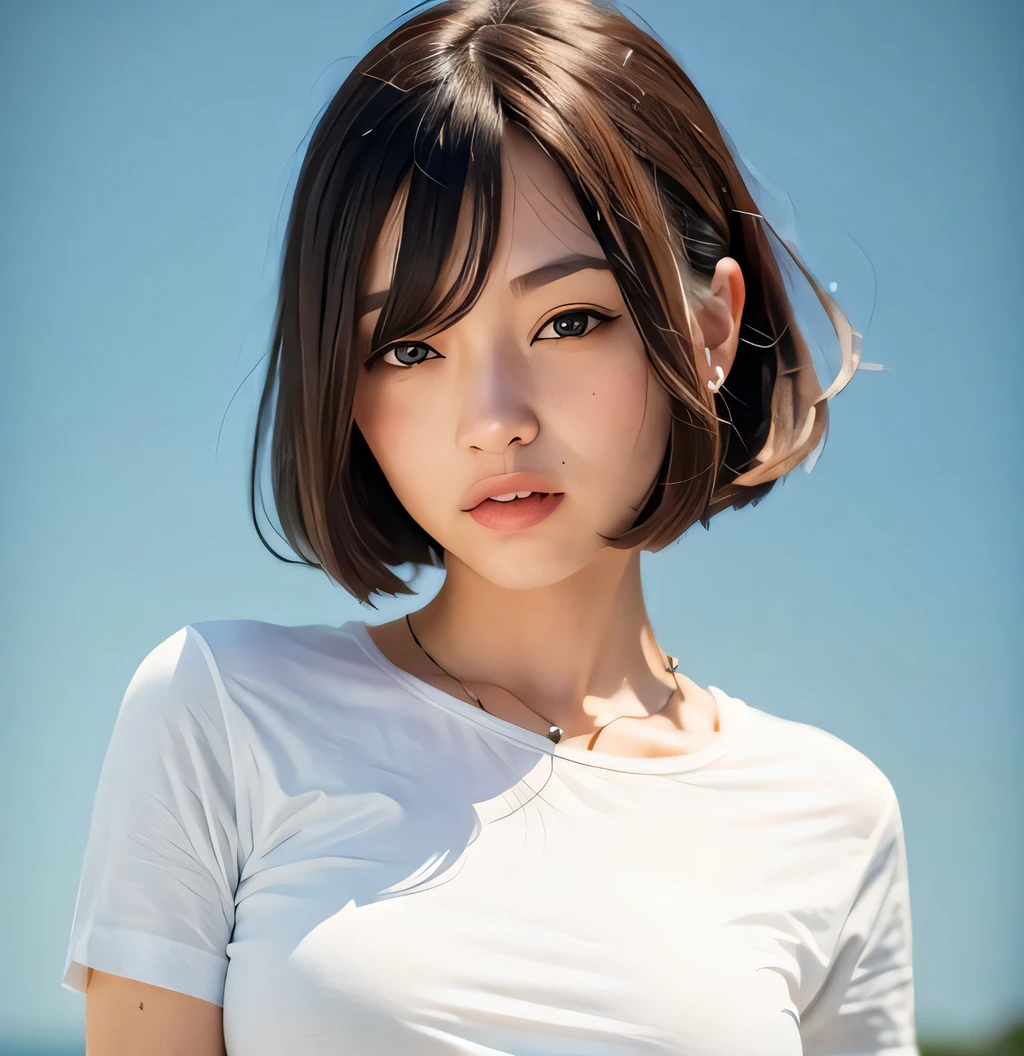 1girl masterpiece, best quality, ((pure blue background)), black hair, floating hair, blush, looking at viewers, white T-shirt, happy, ((front)),upper body, close-up,FilmG,