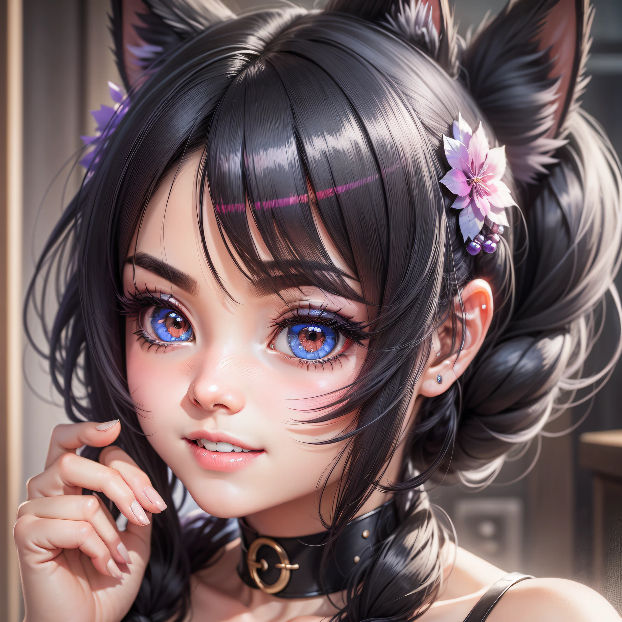 black hair, hair bobbles, wince, longeyelashes, solid circle eyes, fake animal ears, light smile, ear blush, fang, Surrealism, drop shadow, anaglyph, stereogram, tachi-e, pov, atmospheric perspective, 8k, super detail, ccurate, best quality, masterpiece
