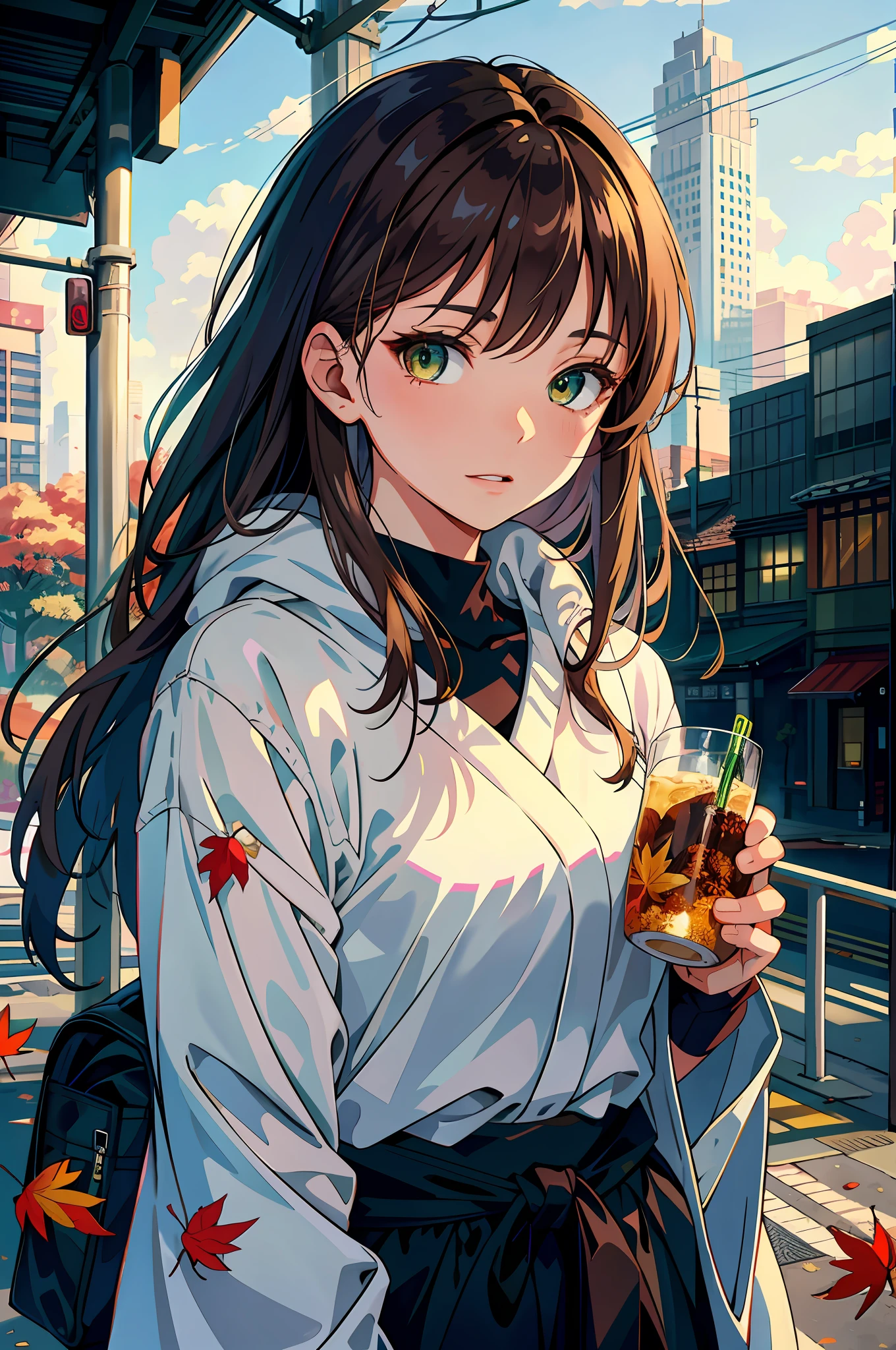 Japan, high resolution, high quality, illustration, ultra detailed, (detailed face), (detailed eyes), soft lighting, best quality, misty brightness, dreamy atmosphere, hyper detailed, masterpiece, 1 girl, solo, silver hair, green eyes, knitwear, bright eyes, medium chest, (colorful), cowboy shot, outdoor, afternoon, clouds, tall buildings in the background, industrial, public transport, urban, concrete buildings, concrete, sidewalk, busy, trees, autumn, falling leaves, (brown eyes) (large brown hair