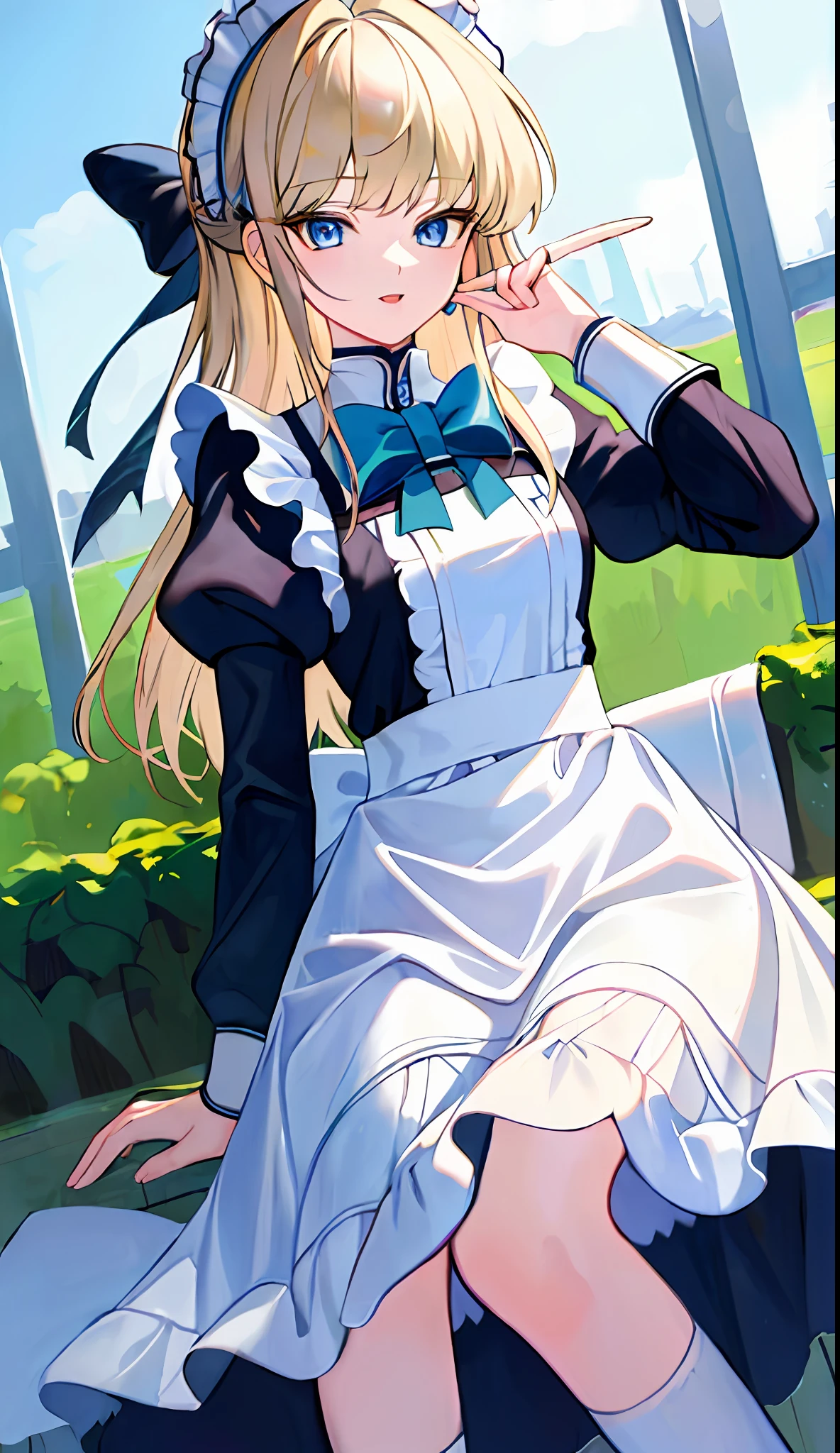 18-year-old beautiful girl, ((((Masterpiece)))), (((highest quality)))), (((Very detailed))), detailed fingers, precise fingers, not unnatural hands, illustration, 1 girl, solo, tied blonde, blue eyes, long-sleeved maid clothes, white high socks, TOKI,