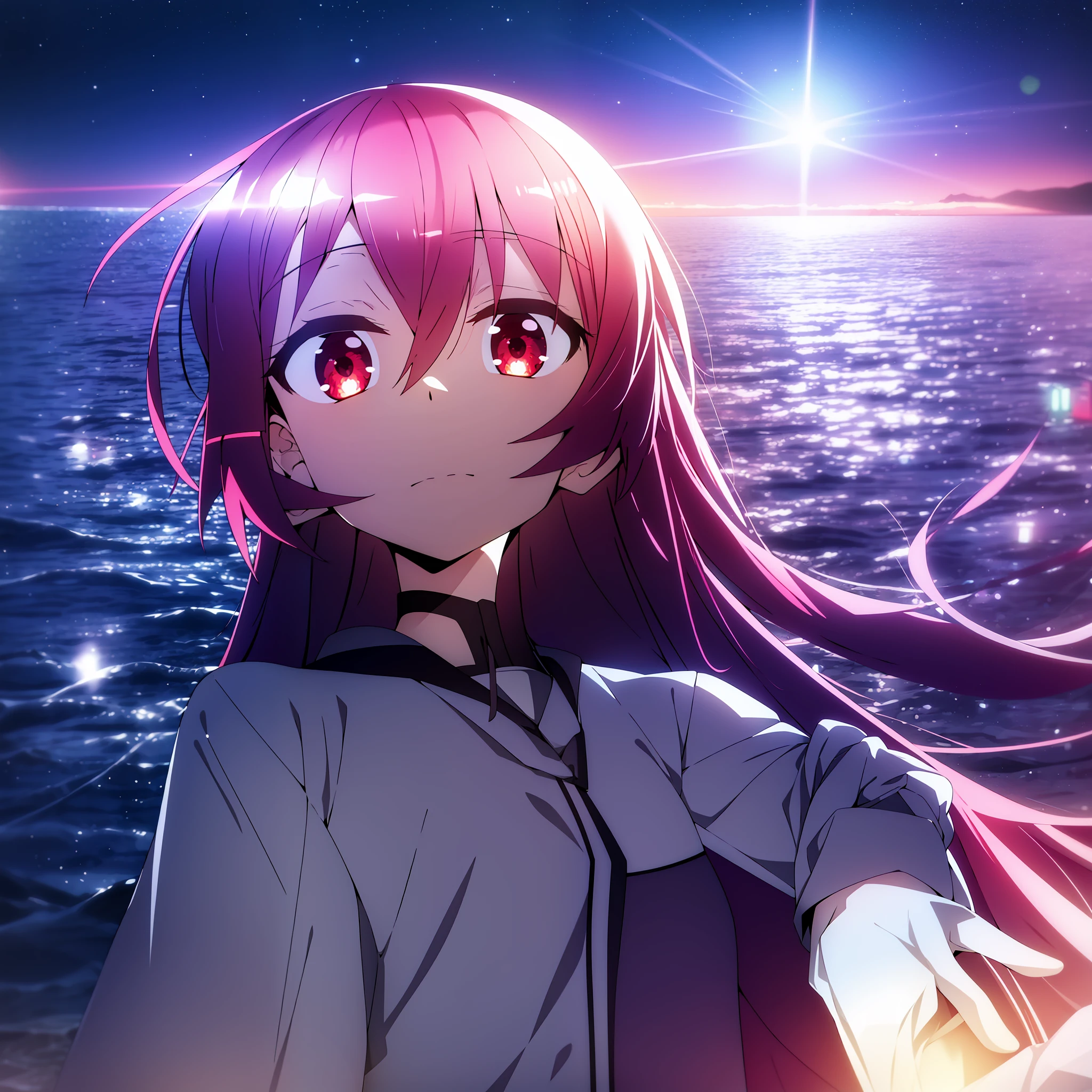 Aniscreen, one girl, flat breasts, cute, beautiful detailed eyes, shiny hair, visible through hair, hair between eyes, red monochrome, red eyes, vampire, teen, small, white gloves, weightless, side lights, reflection, diffuse reflection, scenery is night, sea of stars, high tone, magnificent