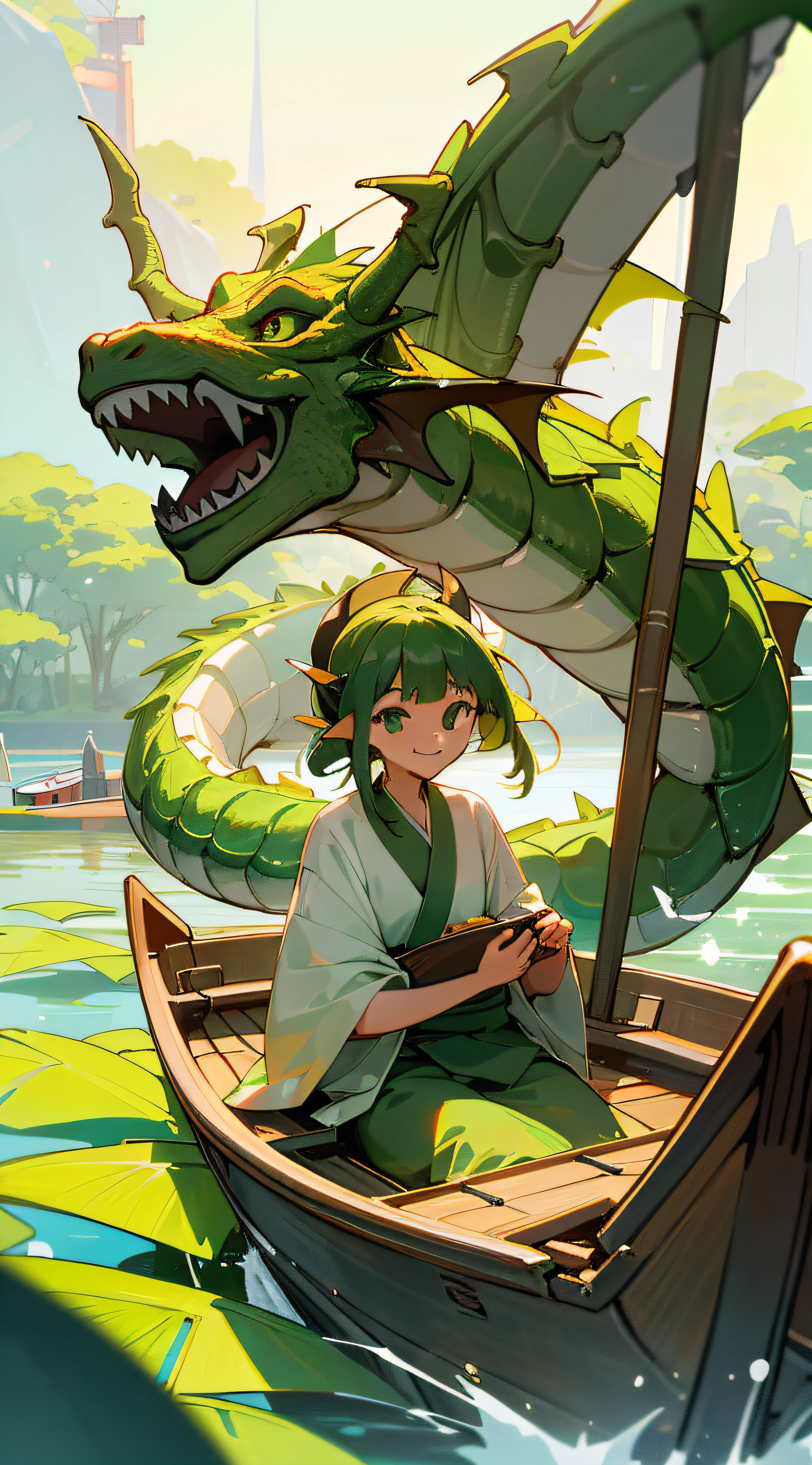 Best quality,masterpiece,ultra high res,Summer,Green,(dragon:1.5),Indocalamus Leaf,longzhou,1 girl,(bright eyes, sun-kissed skin, carefree expression),smile,boat,(There are more boats in the distance:1.5),,longzhou,There's sticky rice on the boat,boat,watercraft,