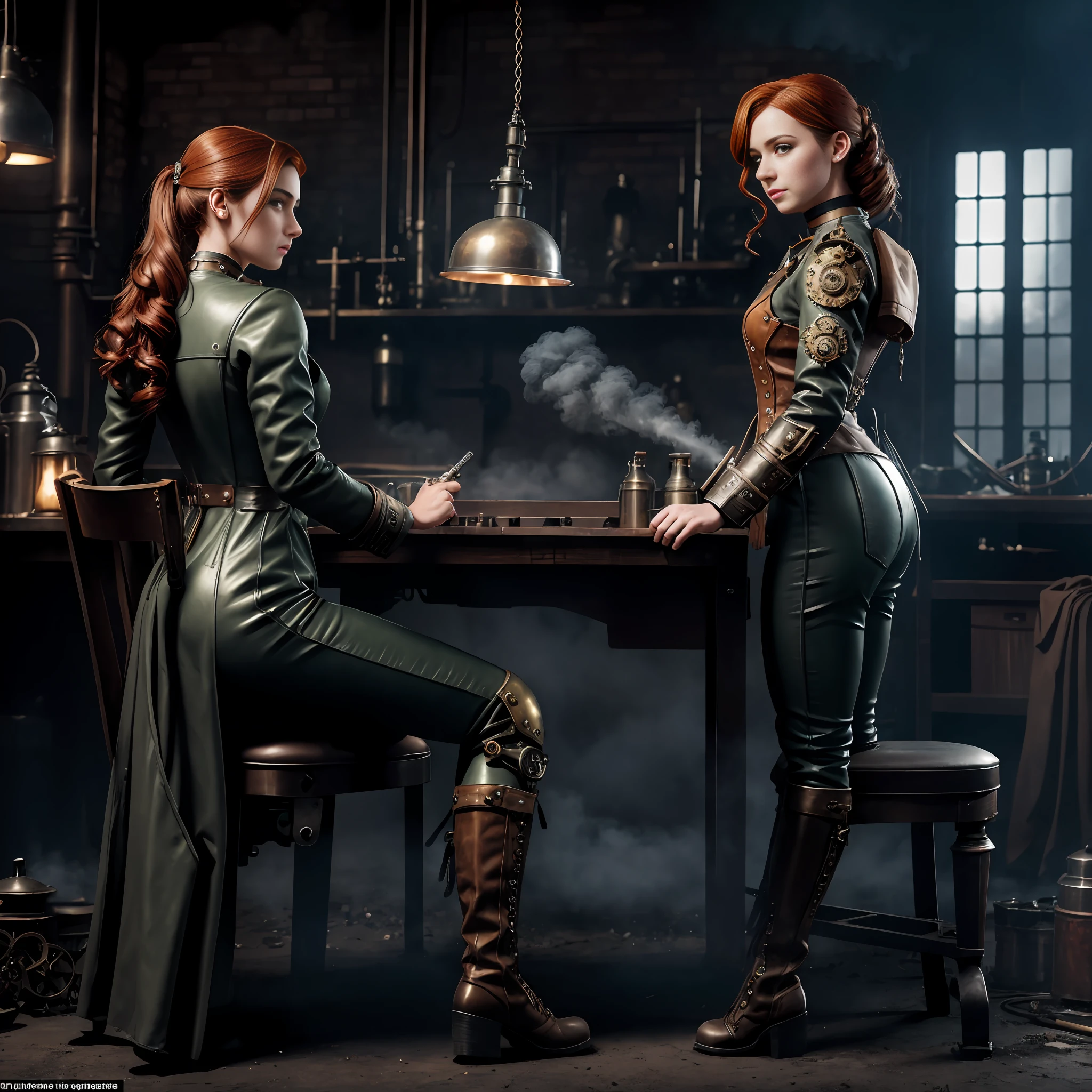 photorealistic, perfect anatomy, realistic character, hyper photorealism, very high contrast lighting, street photography, cinematic lighting, dramatic lighting, profile, shot from the back, (((a girl on a chair is repairing a machine in the steamy smoky workshop))), (a 19 yo girl, (Ana de Armas:0.70), (redhead:1.1)), very cute, (perfect eyes:1.1), photorealistic wavy hair, a girl in a steampunk jumpsuit in light gray color, intercom headset, steampunk choker, long leather boots, perfect detailed face, detailed symmetric green eyes with circular iris, fixing a steam engine in the steampunk garage filled with steam and smoke, cogs and gears, steamy background with lots of steam pipes and steam valves and pressure gauges and gears, intricate background, very highly detailed costume, very highly detailed background, steampunk fantasy style, steampunk , steampunk aesthetic, steamy, smoky