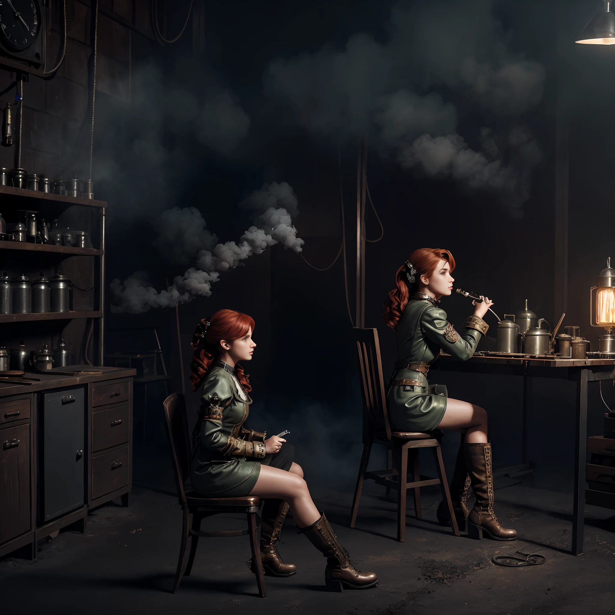 photorealistic, perfect anatomy, realistic character, hyper photorealism, very high contrast lighting, street photography, cinematic lighting, dramatic lighting, profile, shot from the back, (((a girl on a chair is repairing a machine in the steamy smoky workshop))), (a 19 yo girl, (Ana de Armas:0.70), (redhead:1.1)), very cute, (perfect eyes:1.1), photorealistic wavy hair, a girl in a steampunk jumpsuit in light gray color, intercom headset, steampunk choker, long leather boots, perfect detailed face, detailed symmetric green eyes with circular iris, fixing a steam engine in the steampunk garage filled with steam and smoke, cogs and gears, steamy background with lots of steam pipes and steam valves and pressure gauges and gears, intricate background, very highly detailed costume, very highly detailed background, steampunk fantasy style, steampunk , steampunk aesthetic, steamy, smoky