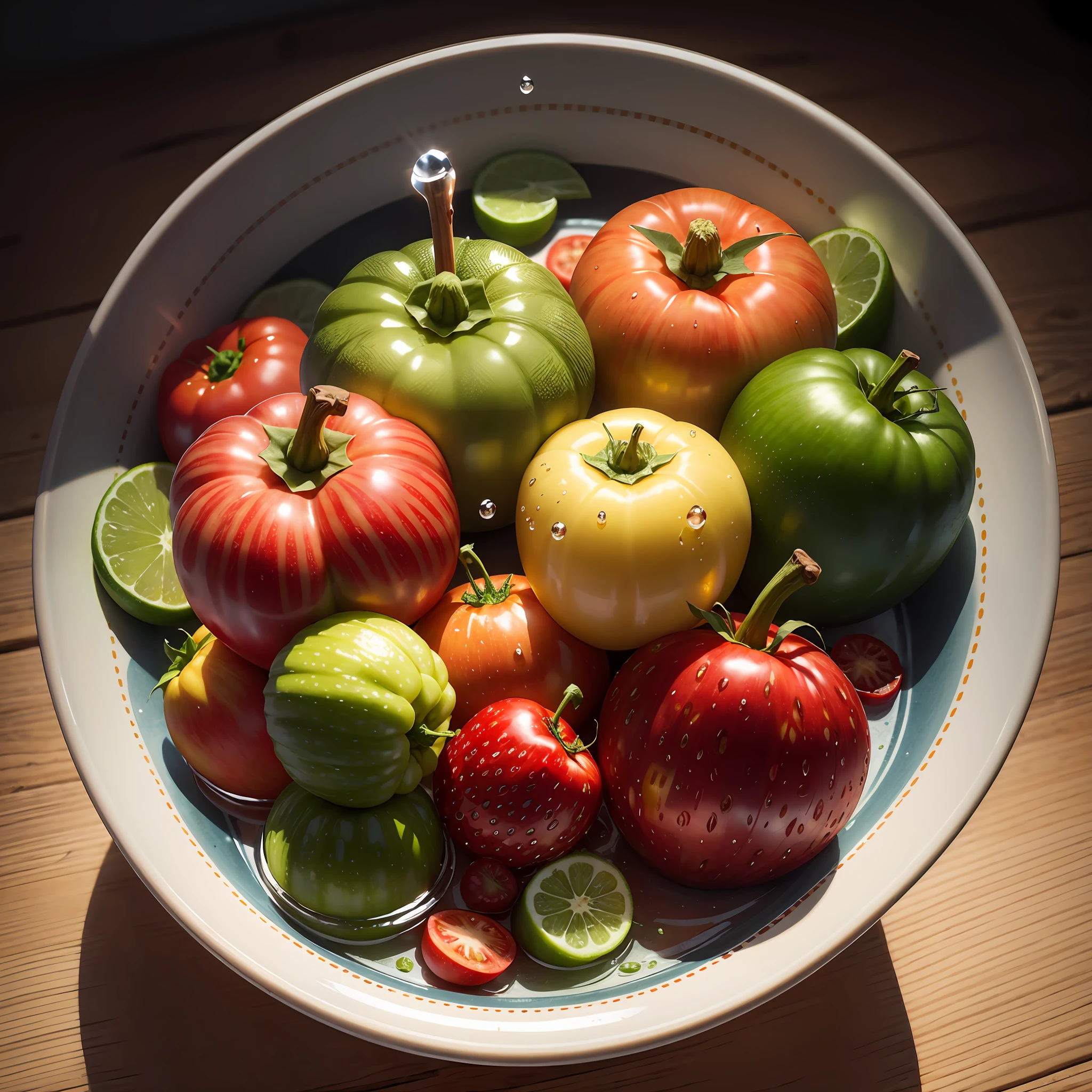 Tomatoes, pears, apples, oranges, peppers and various other assorted fruits with realistic water drops on them --auto --s2