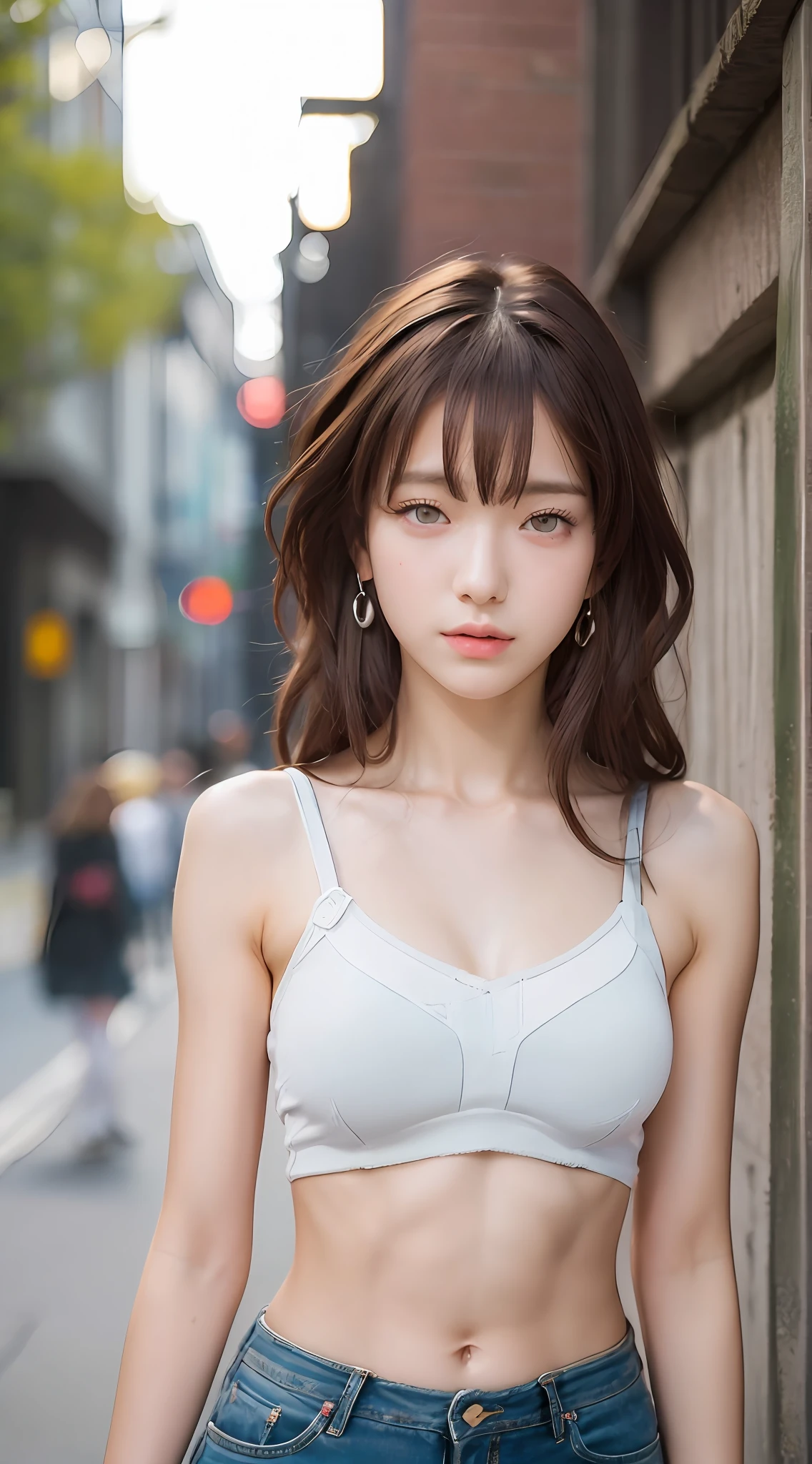 ((Realistic lighting, Best quality, 8K, Masterpiece: 1.3)), Clear focus: 1.2, 1girl, Perfect Body Beauty: 1.4, Slim Abs: 1.1, ((Dark brown hair)), (White crop top: 1.4), (Outdoor, Night: 1.1), City streets, Super fine face, Fine eyes, Double eyelids, High school student, Long hair
