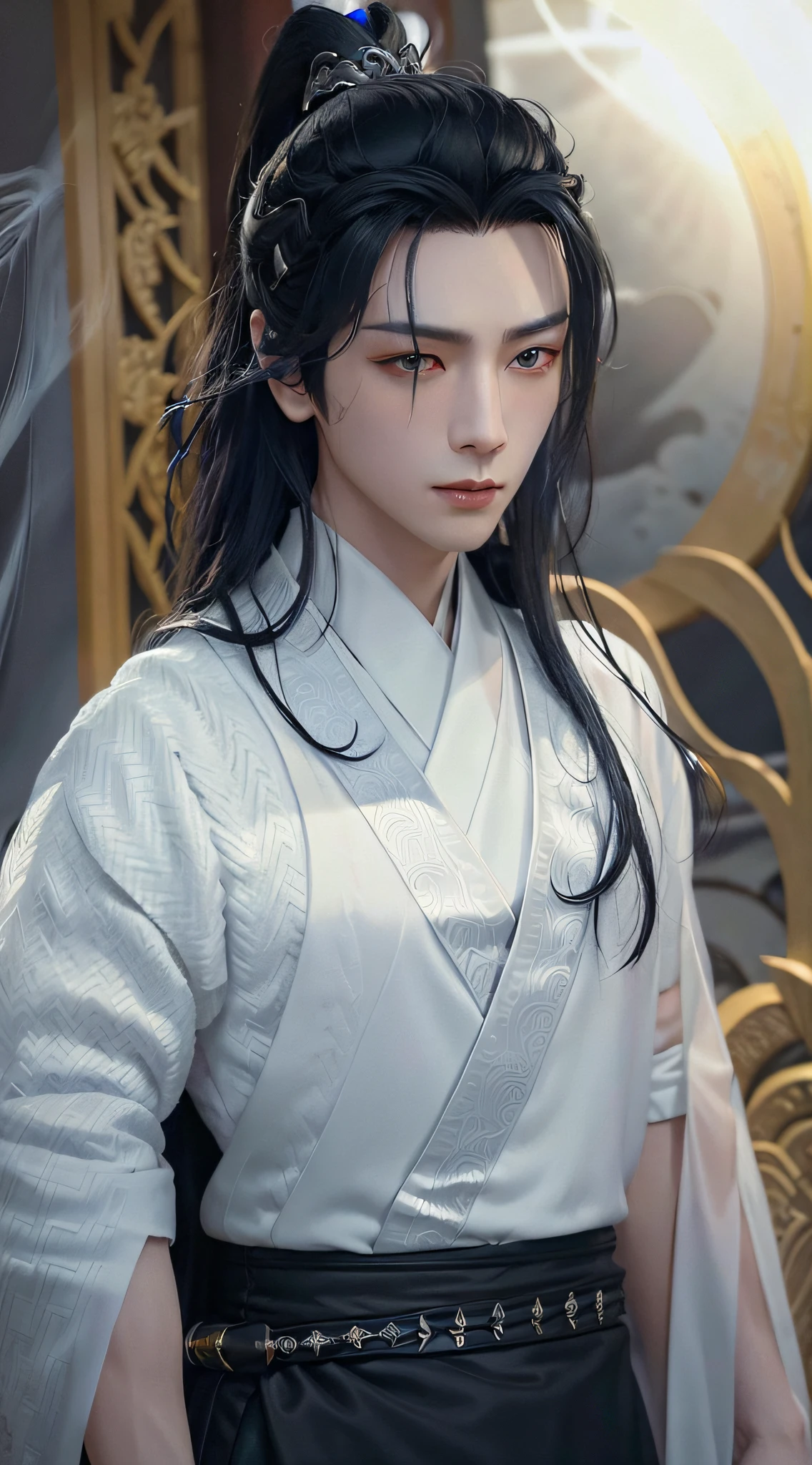 Realistic skin texture, highly detailed, 8k wallpaper, volumetric lighting, dynamic lighting, black long-haired man, long hair fluttering, silver lotus imprint on forehead, Chinese style white robe, black embroidery pattern, dynamic perspective, cloudy mist, ancient Chinese architecture, fairy magic, blue lightning winding,