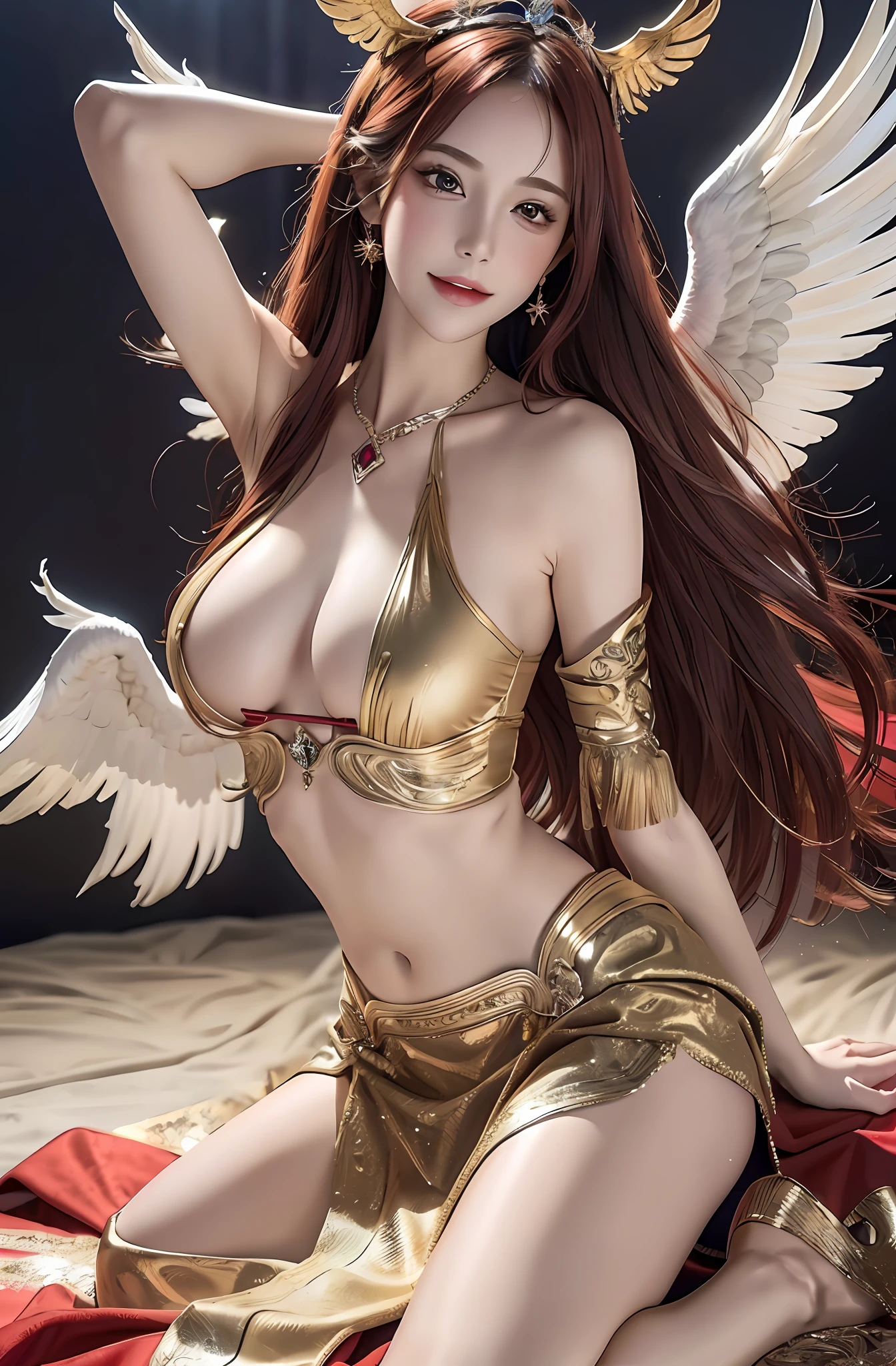 Best quality, ultra high resolution, (photorealistic: 1 beautiful girl 4 beauties), . Half face. Hair is long. Thin. Beautiful details, red hair. Big tits. Earring. Rake your hair. Detail. Vivid? Realistic details. Real. Naked. Angel wings extending from the back. Kneel down. Kneel down. Angel. Smiling face. Bright smile. navel, removal of sleeves, bare shoulders, central opening, cleavage, middle of the chest, hair clip with long feathers, hair ornamen,