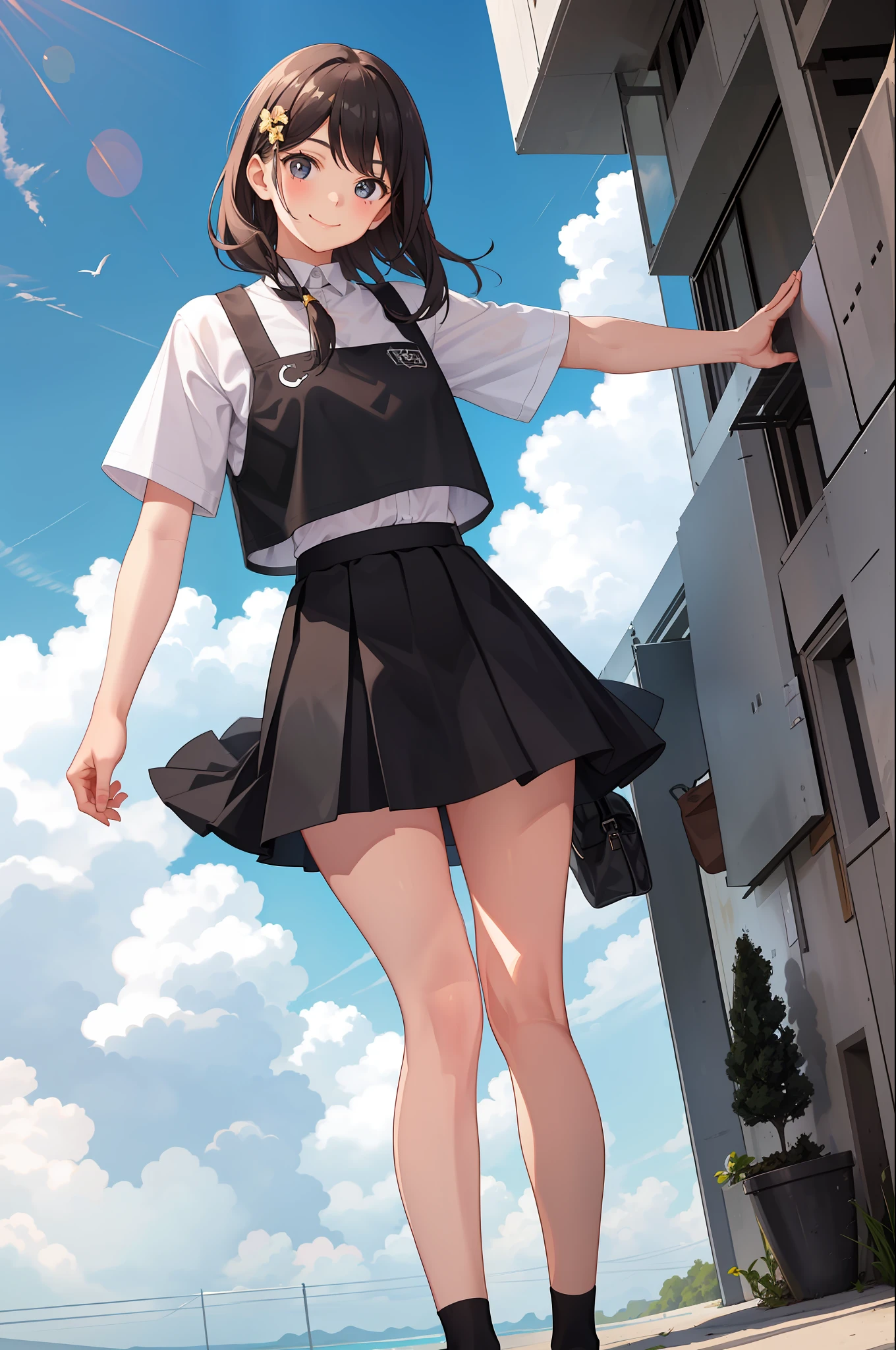 1 girl, smile, shirt, skirt, (small)