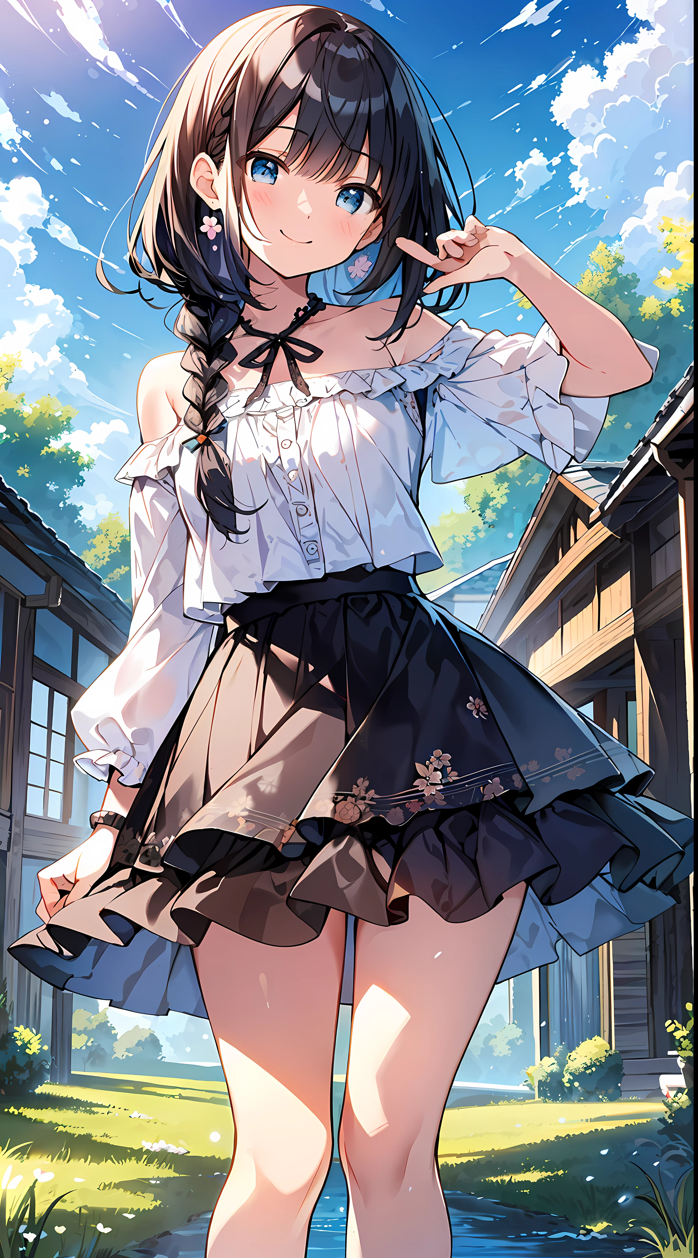 Top Quality, Masterpiece, Ultra High Definition, 8K, Summer Sky, Early Summer, ((Light Blue Ruffled Tops, Mini Skirts, High Heels)), Shojo Manga Style , One, Soft Line Art, Digital Enhancement, Shojo Manga Touch, Shojo Manga Core, Flowing Fabric, Close Up, (Hair length and short braid to the shoulders)), wet hair, staring at us from the front, soft drawing, Beautiful black hair, clear eyes, ((teasing smile)), ultra-detailed digital anime art, clear face depiction, ultra-detailed shojo manga character art, ultra-detailed manga style, top quality colors, hand gestures, landscape with nature, looking up at the sky, angle that can see up to your feet